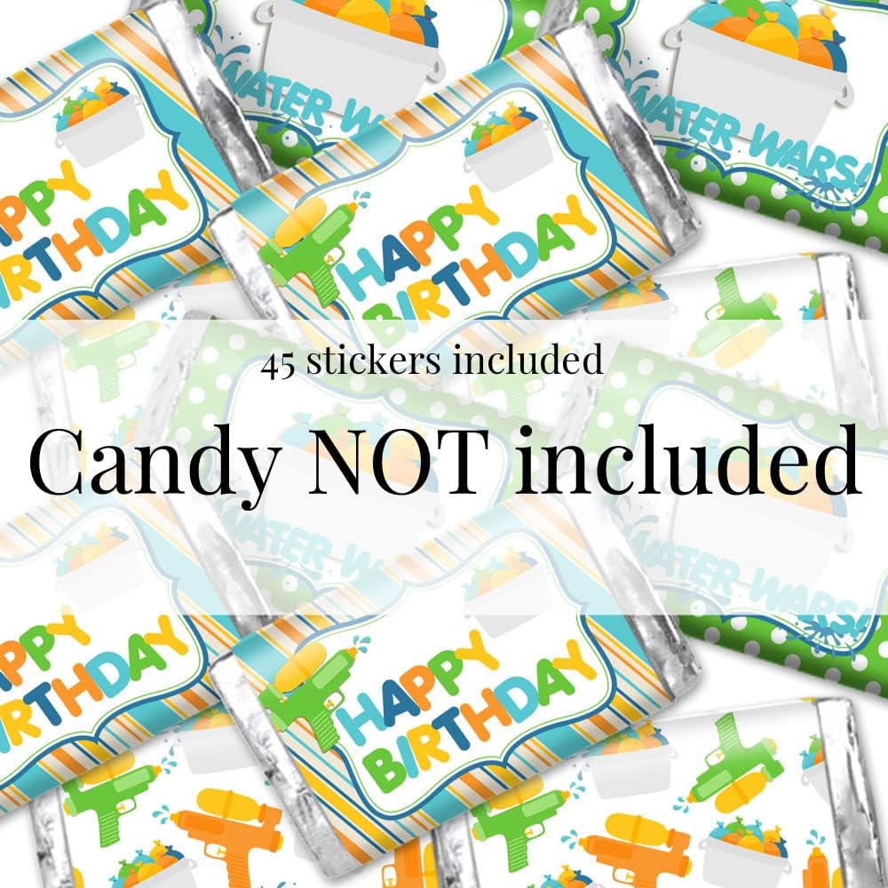 Water Wars Boy Birthday Mini Chocolate Candy Bar Sticker Wrappers for Kids, 45 1.4" x 2.6" Wrap Around Labels by AmandaCreation, Great for Party Favors