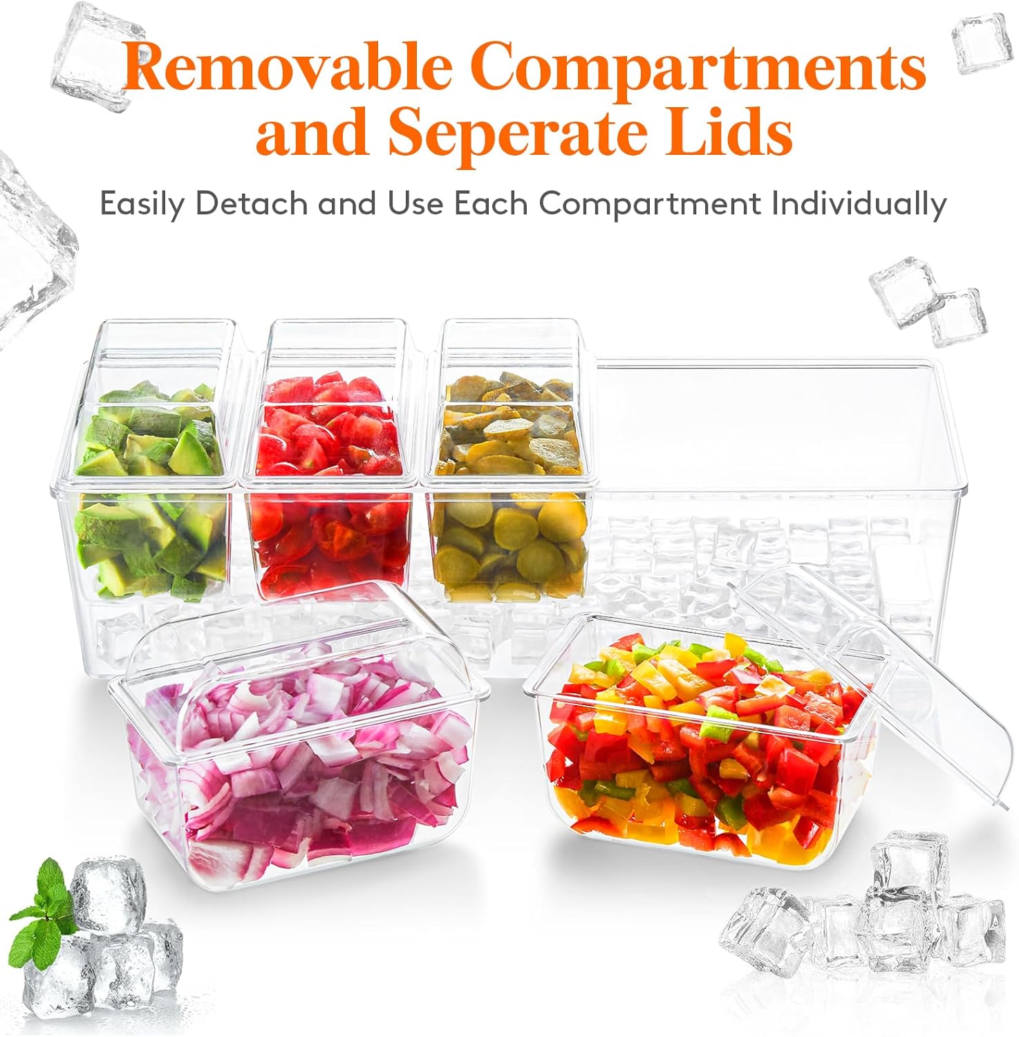 Lifewit Ice Chilled Condiment Caddy with 5x 20oz(2.5 cup) Containers, 15.3 Condiment Server with Separate Lids, Serving Tray Platter with Removable Dishes for Bar, Fruit, Salad, Taco, Party Garnish