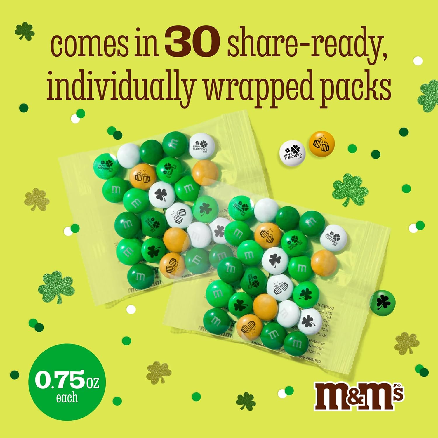 M&M’S WORLD Milk Chocolate St. Patrick's Day Party Favors (30 Pack), Printed M&M'S With St. Patrick's Day Themed Icons, Perfect For St. Patrick's Day Parades, Celebrations, Gatherings & More
