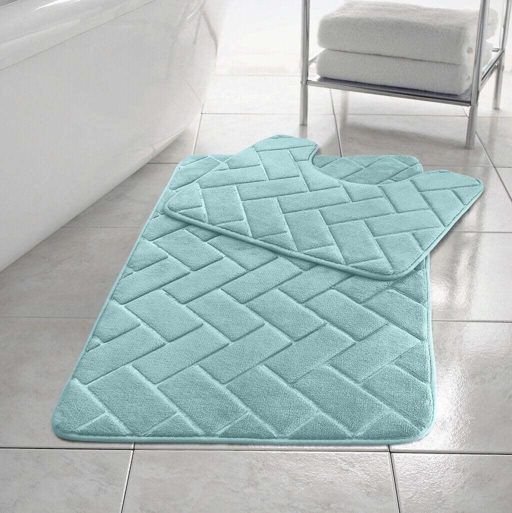 Block Memory Foam Bath Mat Extra Absorbent, Soft & Comfortable, Non Slip Bathroom Rug and Pedestal Bath Mat Set COLOUR AQUA