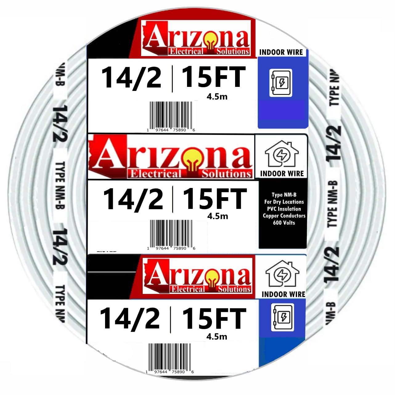 ARIZONAELECTRICALSOLUTIONS 14/2 NM-B Copper Wire 14 AWG 2 Conductors with Ground 15 Ft White Jacket