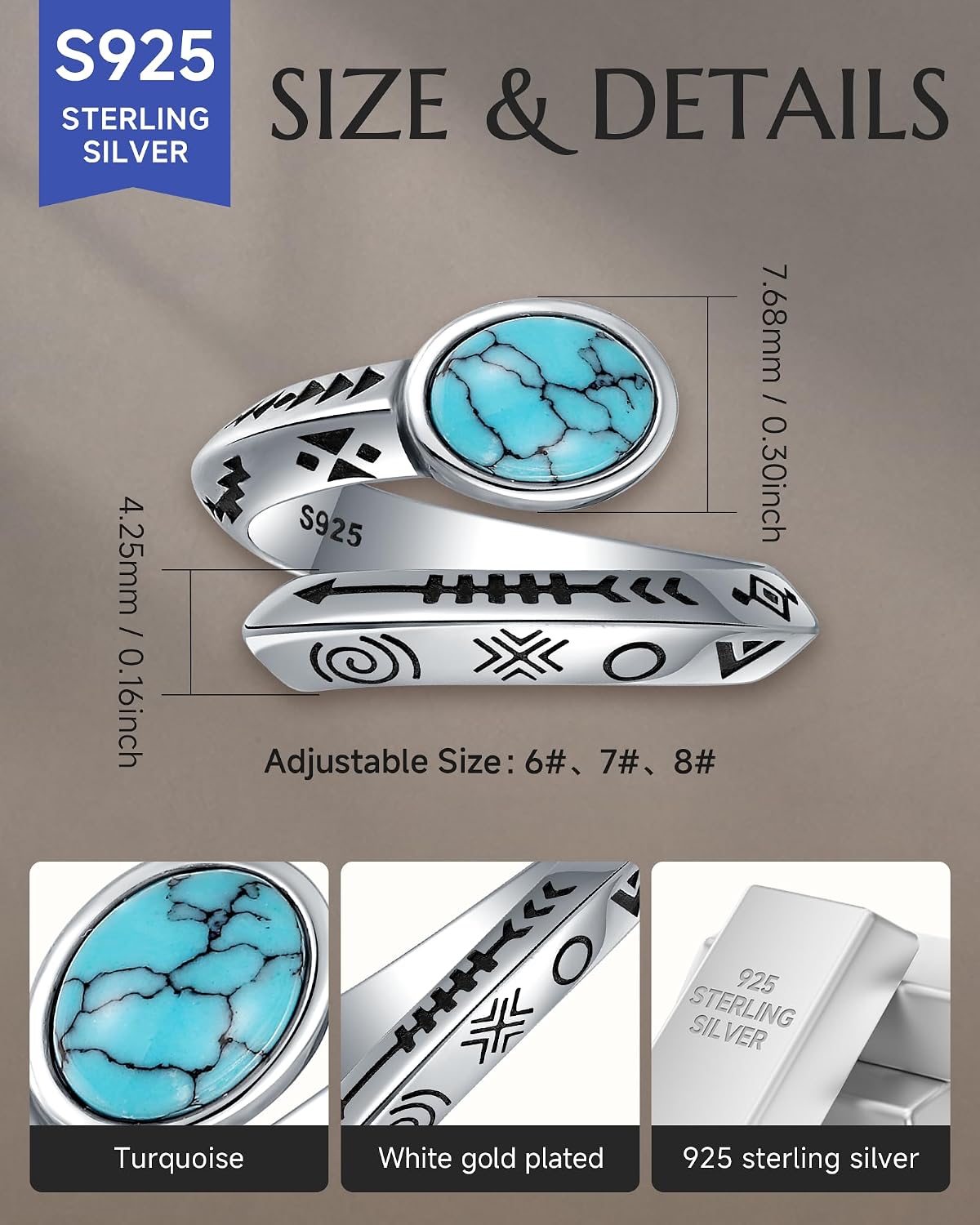 Navajo-inspired Turquoise Spoon Ring for Women– 925-Sterling-Silver Vintage Thumb Boho Western Jewelry Gifts for Mother on Christmas Birthday Adjustable Size 6-8