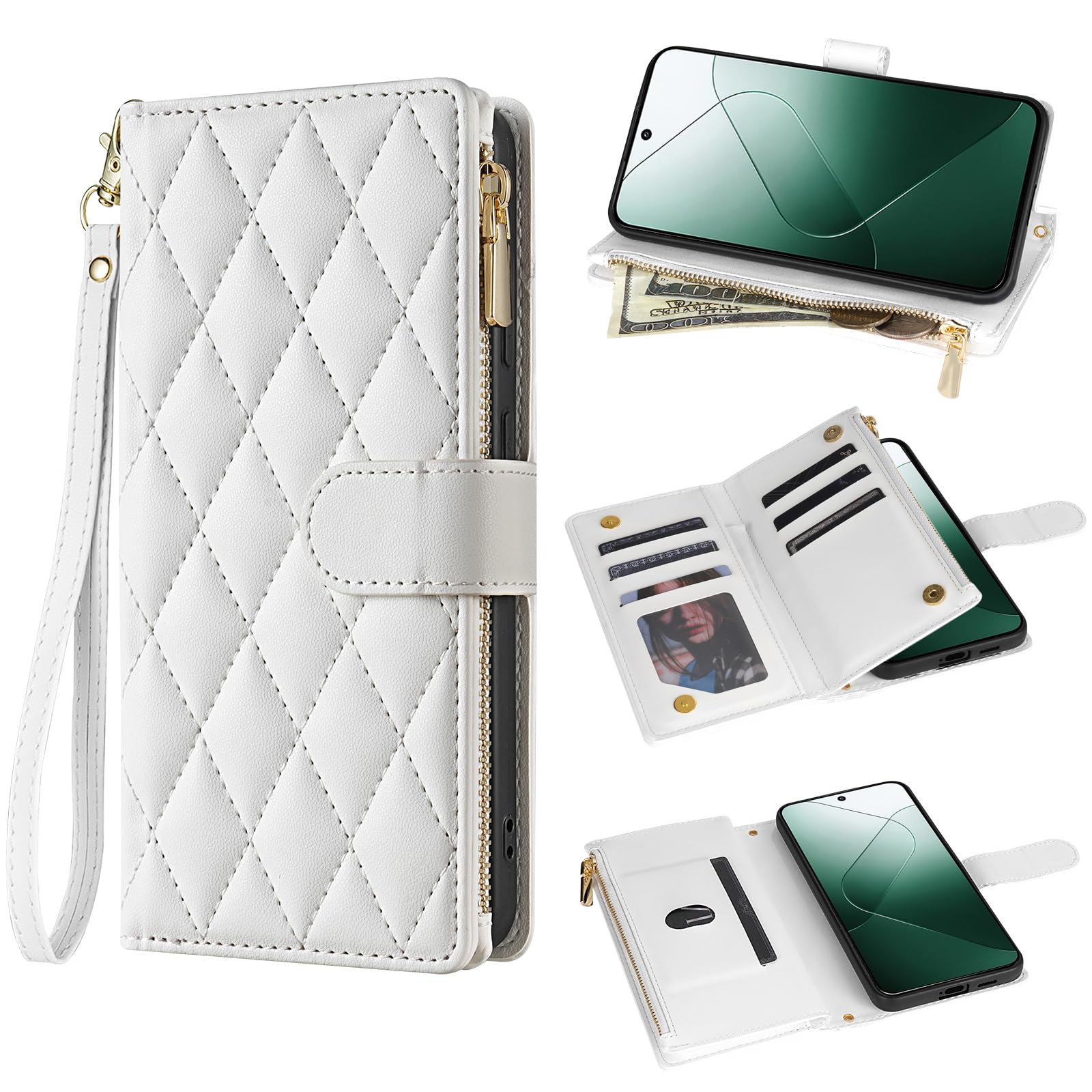 VQWQ Cover per Redmi Note 12 Pro Plus 5G, Custodia Portafoglio in Pelle PU Slot per Schede Libro Supporto AntiGraffio Antiurto Cordino Chiusura Lampo Cavalletto Flip Case per Maschio Donna-[GZ]-White