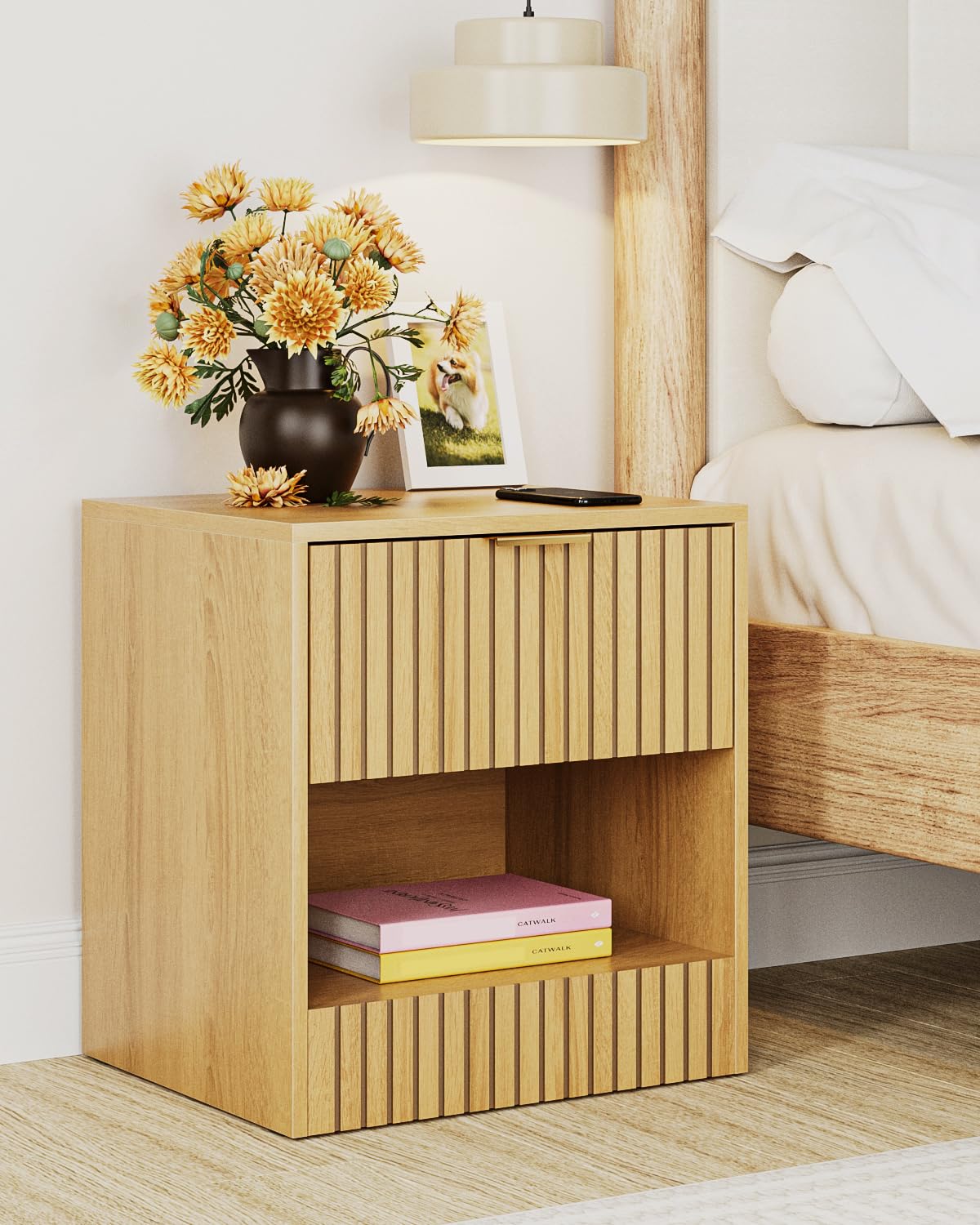 Apetaccat Bedside Table,45x38x49cm, Farmhouse Wooden Bedside Cabinet with Drawer,Kids Bedside Table Nightstand for Bedroom,Living Room,Office,Oak, Medium