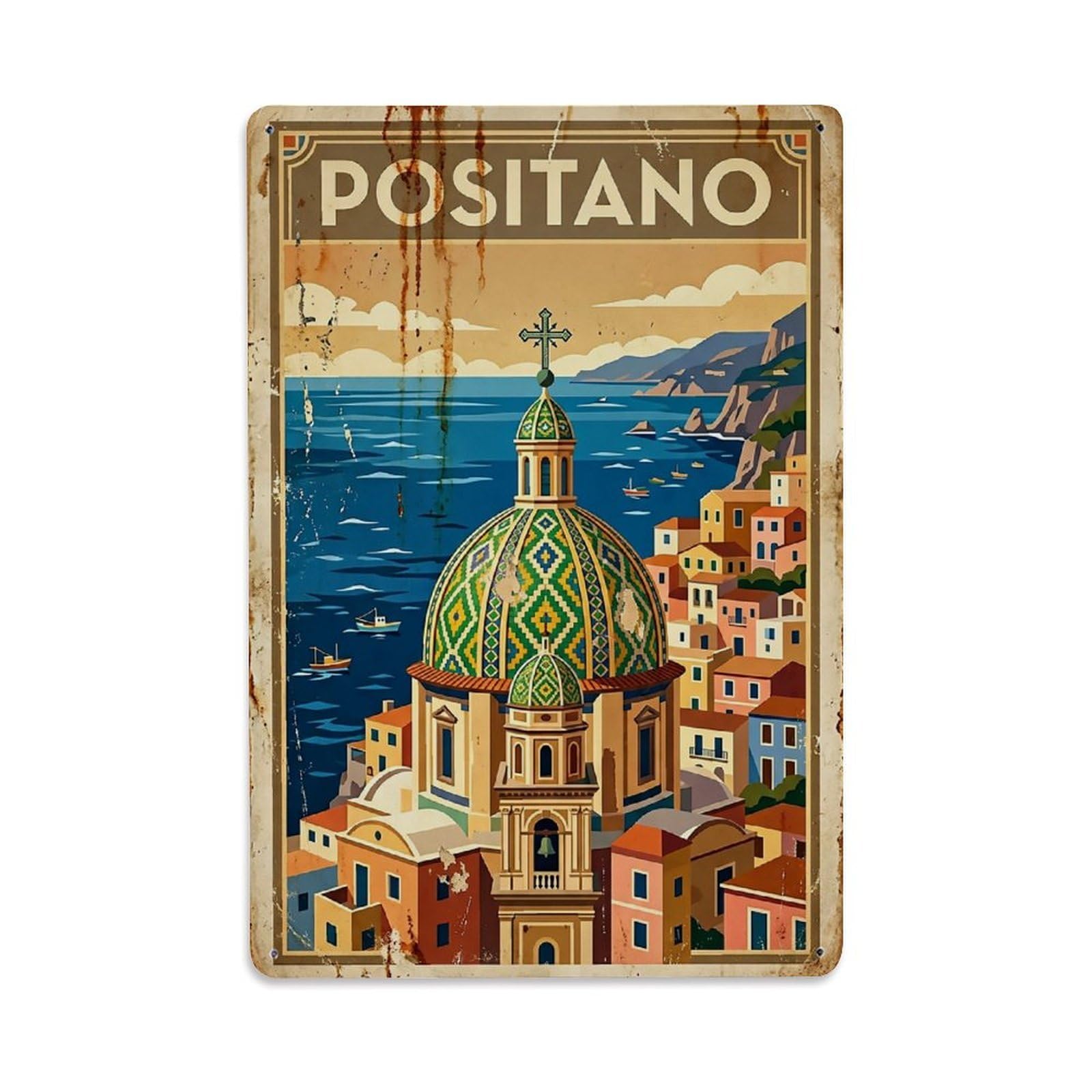 Huiyhb 8X12inch(20X30cm) Vintage Travel Positano Italy Dome Church View Metal Tin Sign