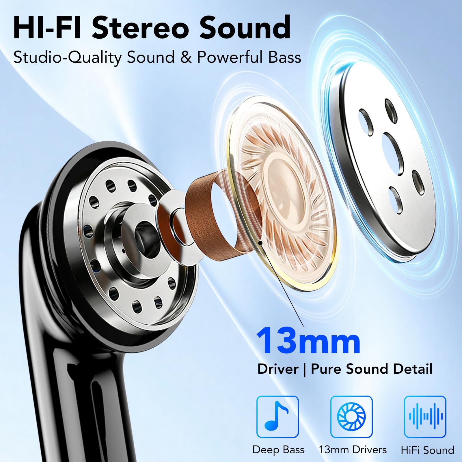 Wireless Earbuds, 2026 Bluetooth 5.4 Headphones in Ear with 4 ENC Mic Ear Buds HiFi Stereo Sound Wireless Earphones 40H Playtime Bluetooth Earbud IP7 Waterproof USB-C for iOS/iPhone/Android Black — view 2