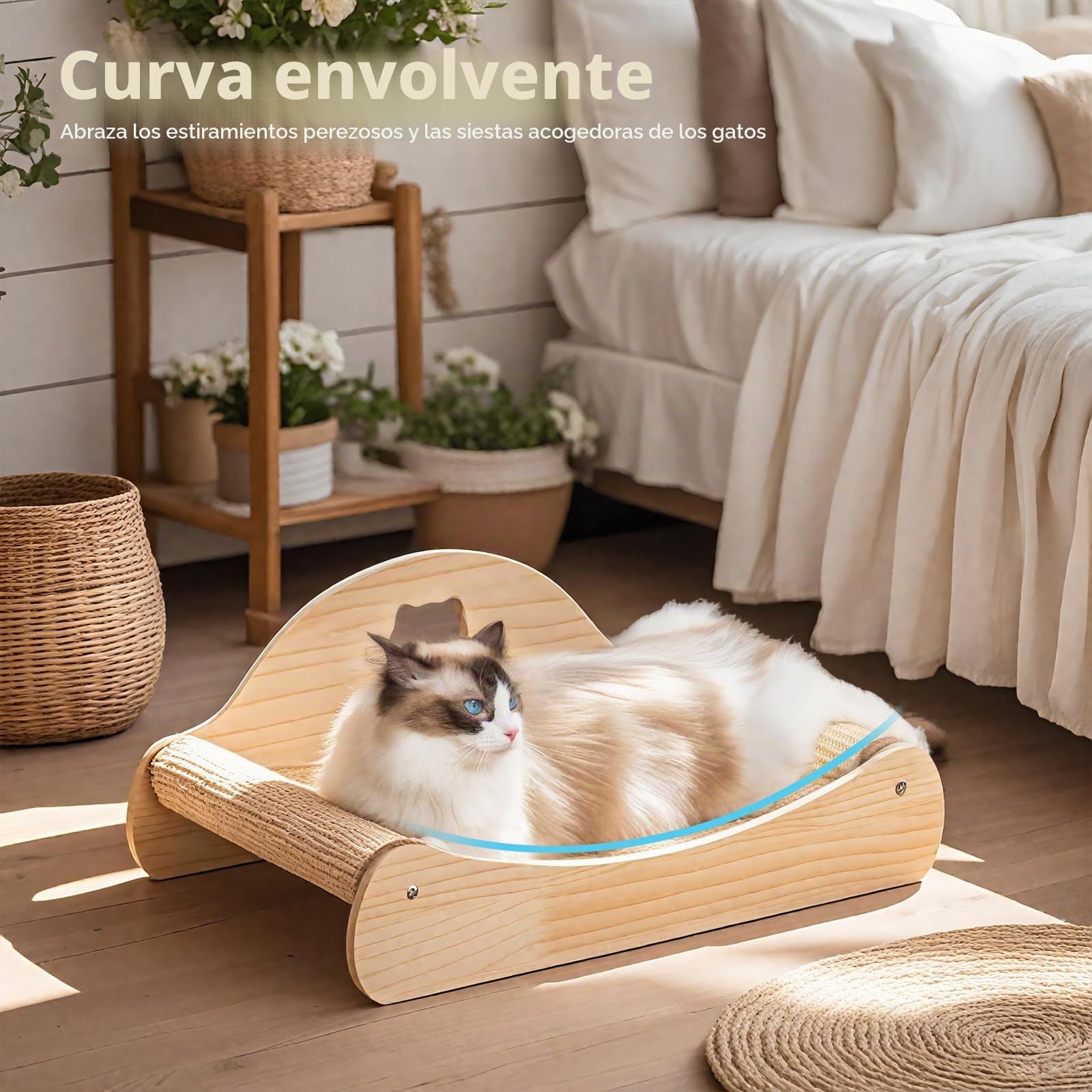 Avont Cama para Gatos Rascadora 2 En 1 De Sisal Natural, Tumbona De Madera Maciza Resistente, Sofá Rascador Sin Ensuciar para Gatos De Interior, Protector De Muebles, Tamaño Grande 58 Cm | Rascador horizontal sin ensuciar, grande