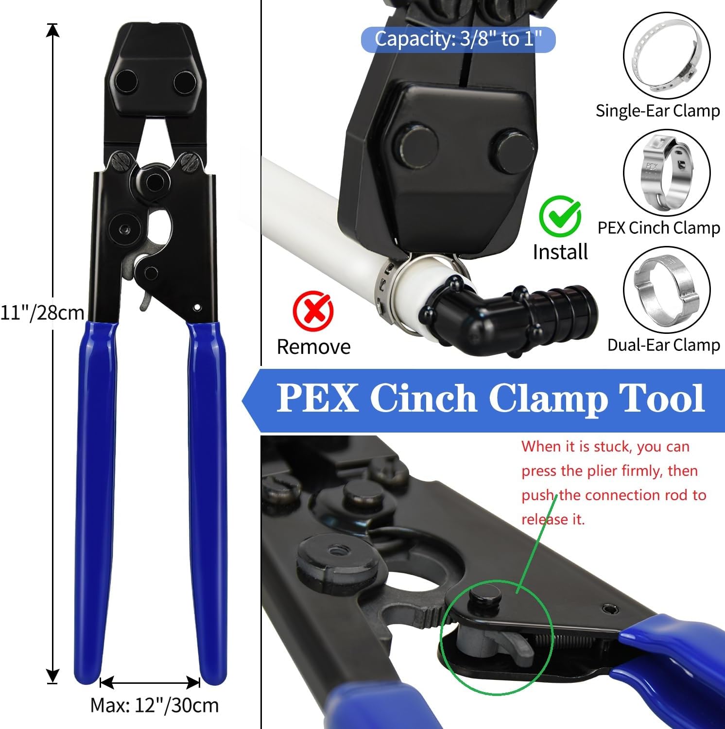 PEX Cinch Clamp Tool Kit, 3/8" to 1" PEX Pipe Clamp Cinch Tool with 30 pcs 1/2" Brass PEX Fittings Combo, 1pcs Pipe Cutter, 70 pcs 1/2" PEX Cinch Clamps, 10pcs 3/4" PEX Cinch Clamps