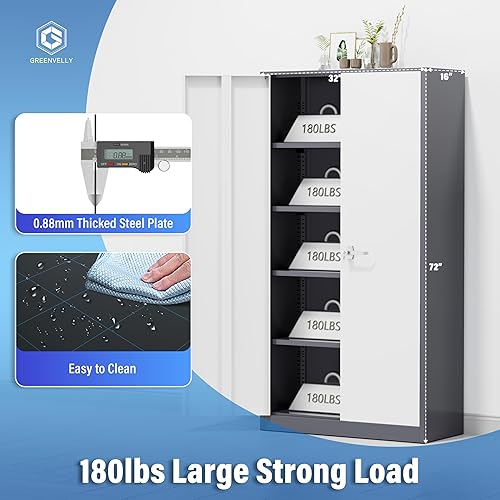 Miniatura 4 de Greenvelly Armario de almacenamiento de metal para garaje, gabinete de almacenamiento de acero de 72 pulgadas con 2 puertas y 4 estantes ajustables,