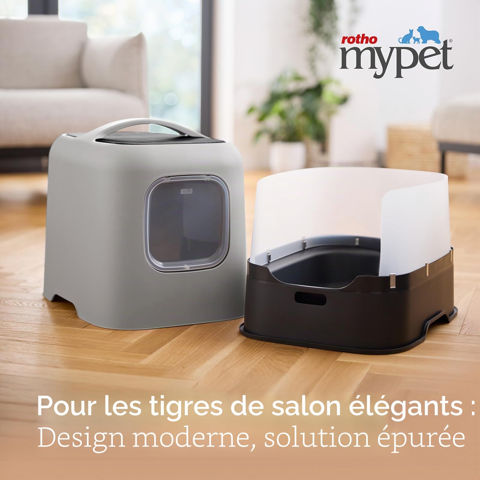 Rotho MyPet Bea Protect Bac litiere pour Chat 51 cm avec Couvercle Gris | Bac a litiere pour chat fermé, maison de toilette chat, porte battante à aimant, filtre à charbon actif, pare-éclaboussures