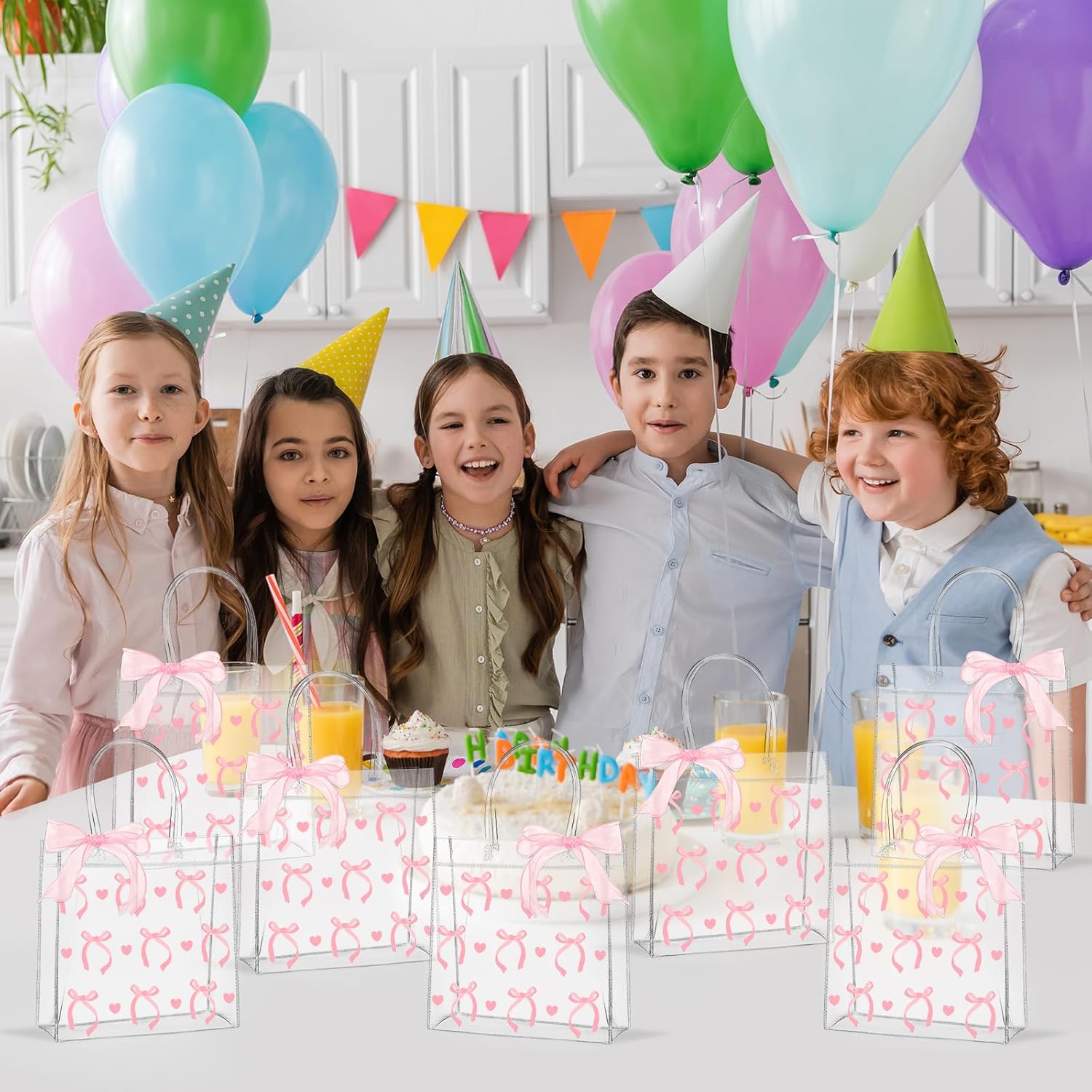 QOUBAI 24Pcs Pink Bow Clear PVC Gift Bags With Handles Bow Goodie Treat Candy Bag Pink Bows Theme Present Wrap Tote Bags for Birthday Party Favor Baby Shower Decoration Supplies 8 x 8 x 3in - Image 7