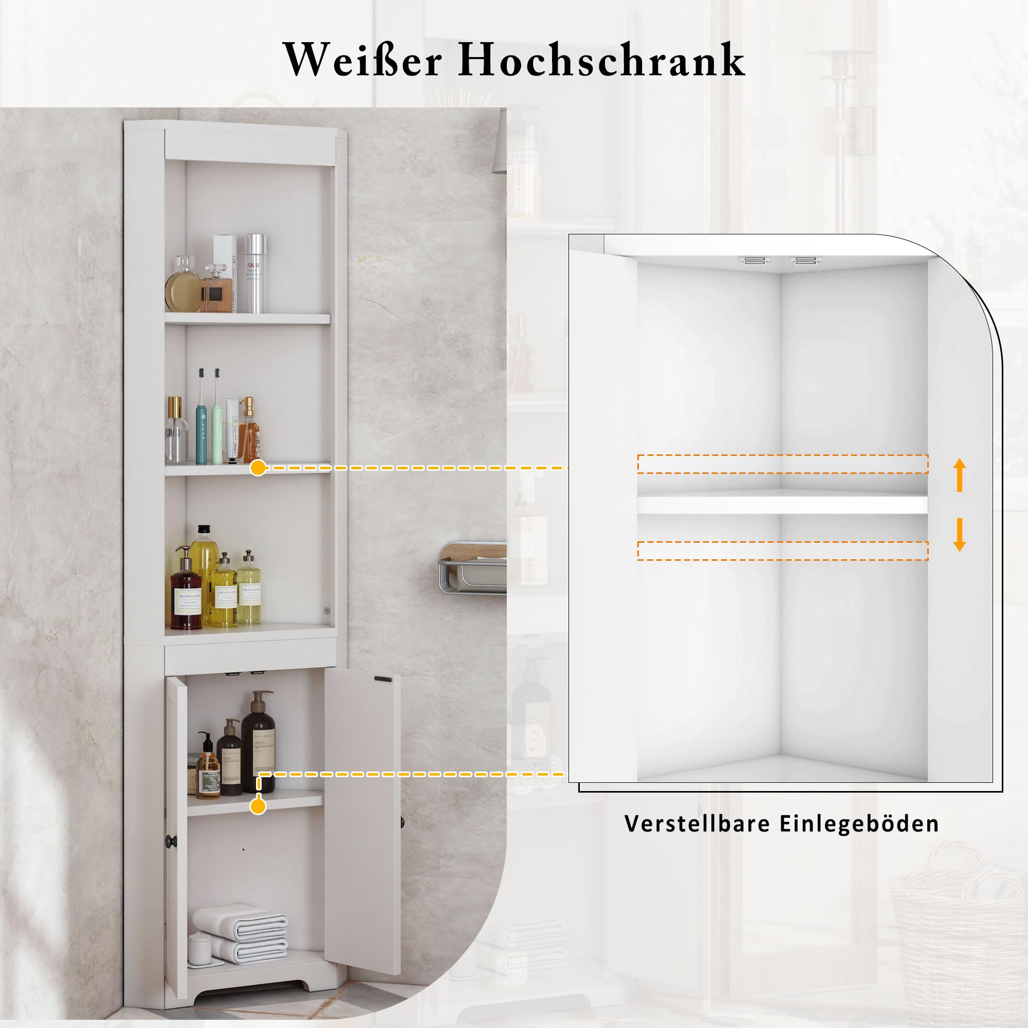 SogesHome Badezimmerschrank hoch mit offenen Regalfächern und Tür, platzsparender Eckschrank aus MDF, Feuchtigkeitsgeschützt, Einlegeböden höhenverstellbar, Weiß, Modernes Design (Weiß)