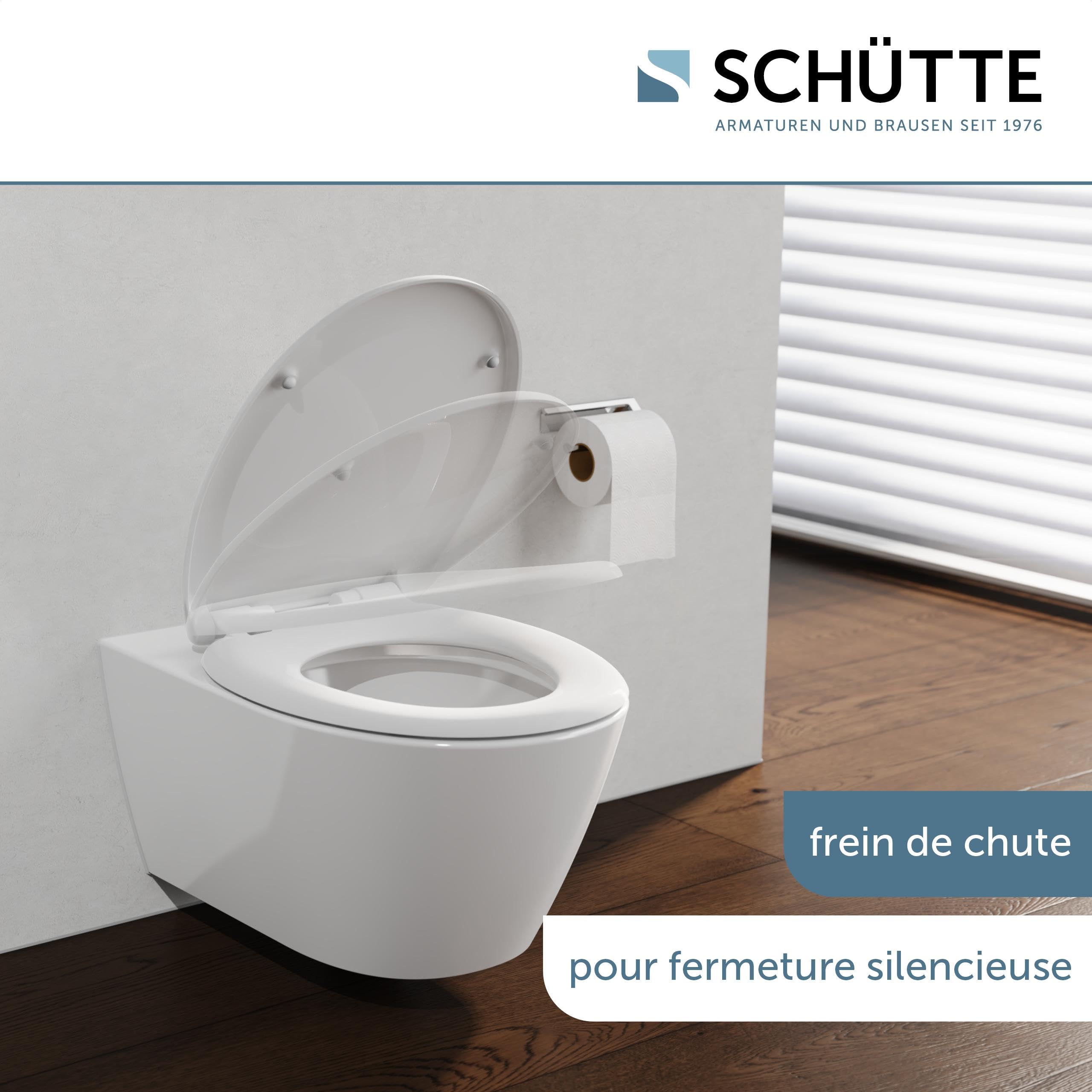 Schütte Abattant WC avec système d'abaissement Automatique, certifié TÜV, Couvercle de Toilette Amovible en matériau incassable, Montage Facile grâce au gabarit de Montage, Couvercle de Toilette et