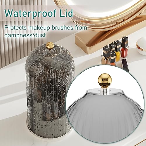 Miniatura 4 de GAXmi Soporte para brochas de maquillaje con tapa, organizador de herramientas cosméticas, giratorio de 360 grados, impermeable, a prueba de polvo,