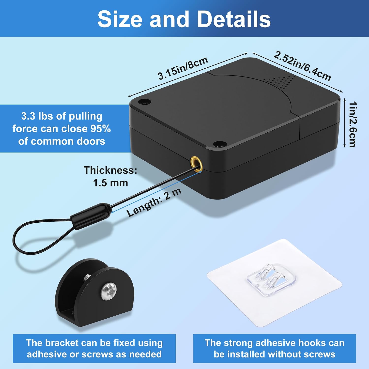 Retractable Automatic Door Closer, Anglecai Drawstring Auto Door Closer | Punch Free Door Closer 3.3LB Spring Tension Steel Cable Door Closer for Screen, Sliding, and Double Doors