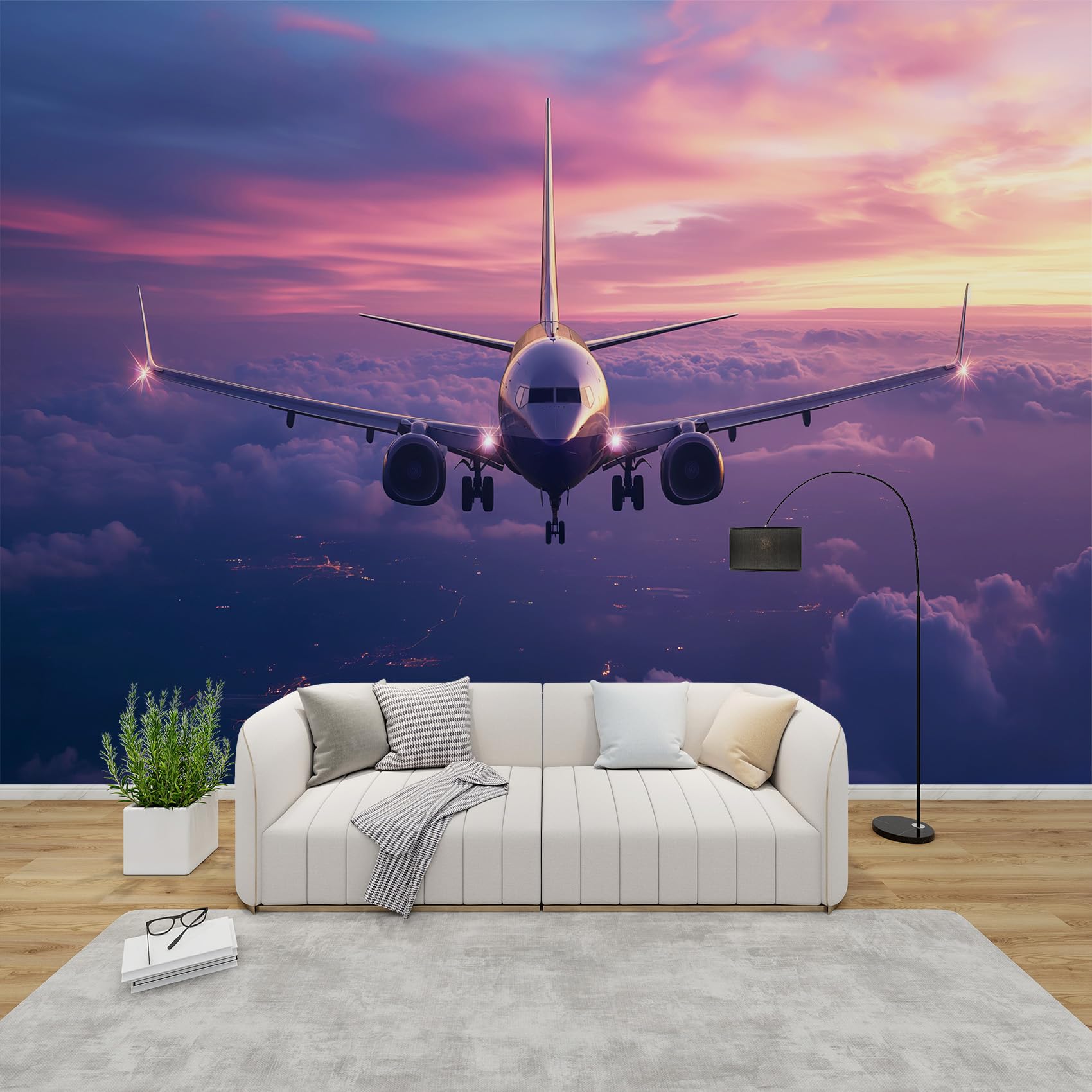 QEODAH Airplane Mural Wallpaper for Living Room, Aircraft Aviation Wall Art for Bedroom, Flight Plane Wall Murals for Bedrooms, Renter Friendly Removable Waterproof Photo Wallpaper 3D, 150x105 cm