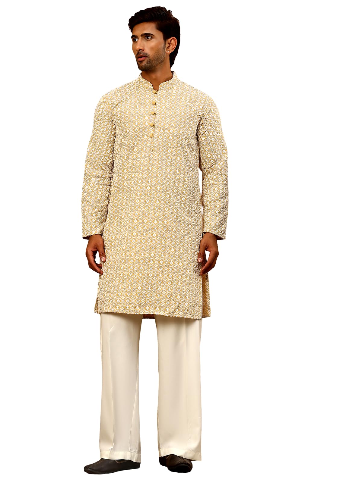 jompers Men’s Chikankari Cotton Kurta Pyjama Set (Beige, S)-picture-15