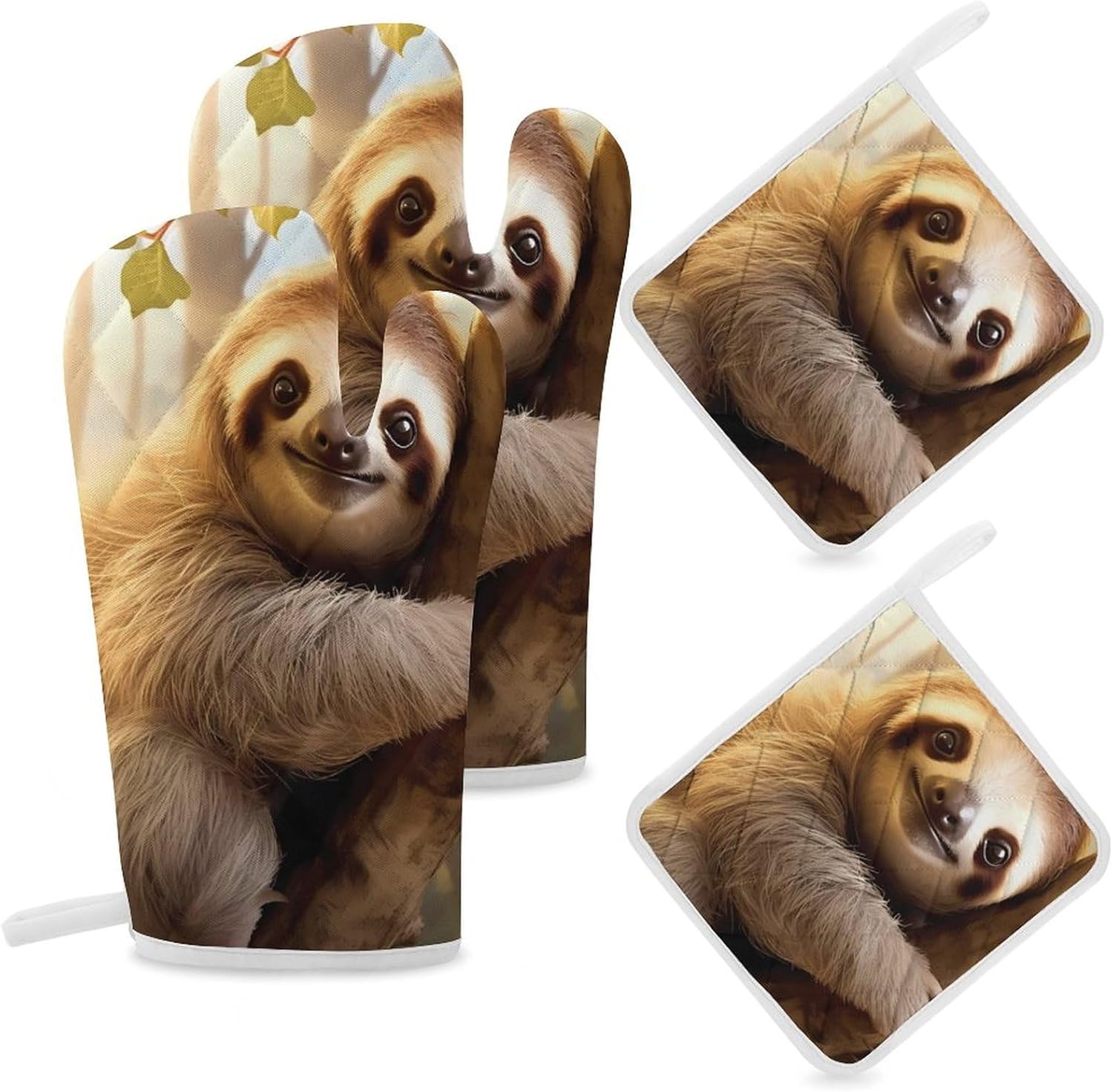 Sloth Animal 4 Pcs Oven Mitts and Pot Holders Set High Heat Resistant Long Kitchen Oven Glove Potholders