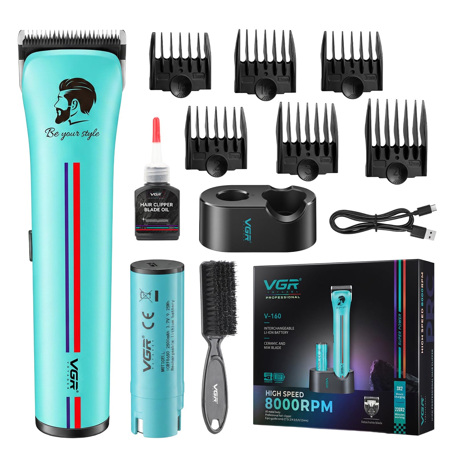 VGR 160 Haarschneidemaschine Profi Mit Klinge aus Keramikmetall, Grün | Clipper Haarschneider mit Rückenverstellung, Profi Haarschneidemaschine mit Batterie Ersetzenm, Hair Clipper mit Lagerbasis