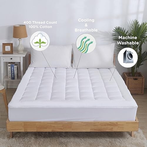 Miniatura 2 de Sacred Thread Protector de colchón acolchado ajustable, cubrecolchón refrescante con bolsillos de 18 pulgadas de profundidad, funda de colchón 100%