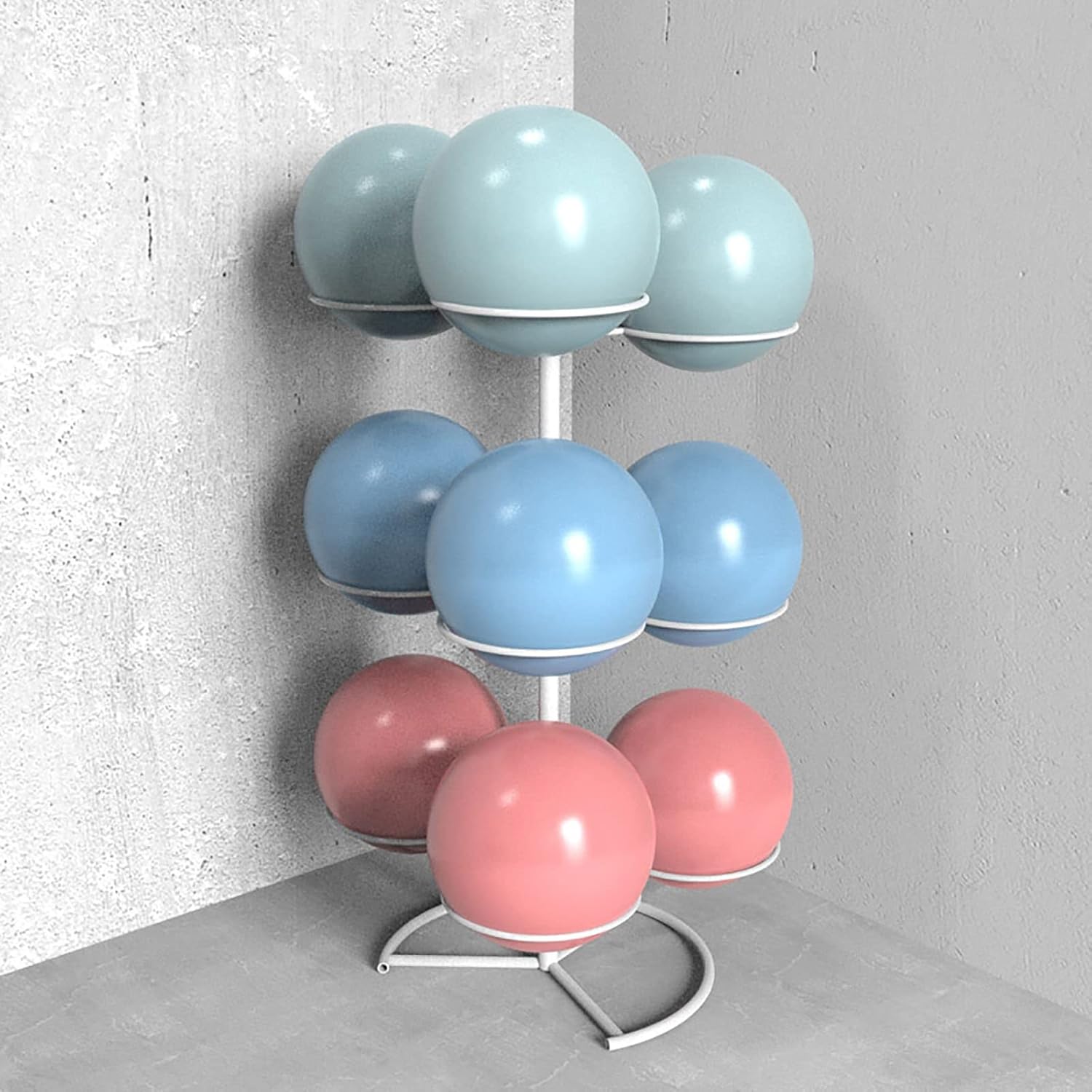 Large Capacity Yoga Ball Holder, Metal Upright Exercise Ball Storage Organizer for Pilates Balls, Floorstanding Rack -White