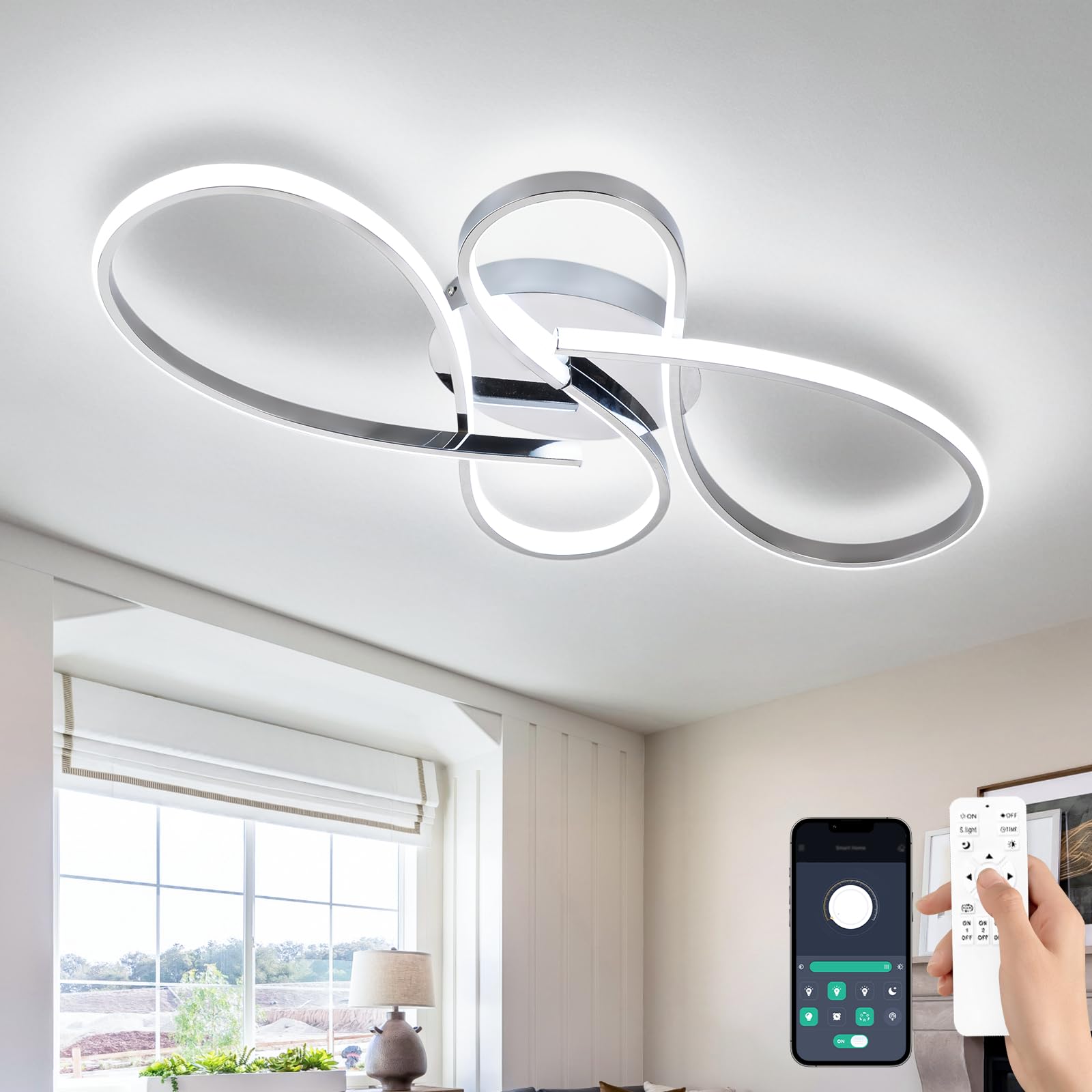 Led Ceiling Light Dimmable, Modern Led Ceiling Lamp with Remote Control, Minimalist Silver Ceiling Lights for Bedroom Kitchen Living Room Dining Office Hallway Balcony - 43W, Silver, 78cm, 3000K-6000K