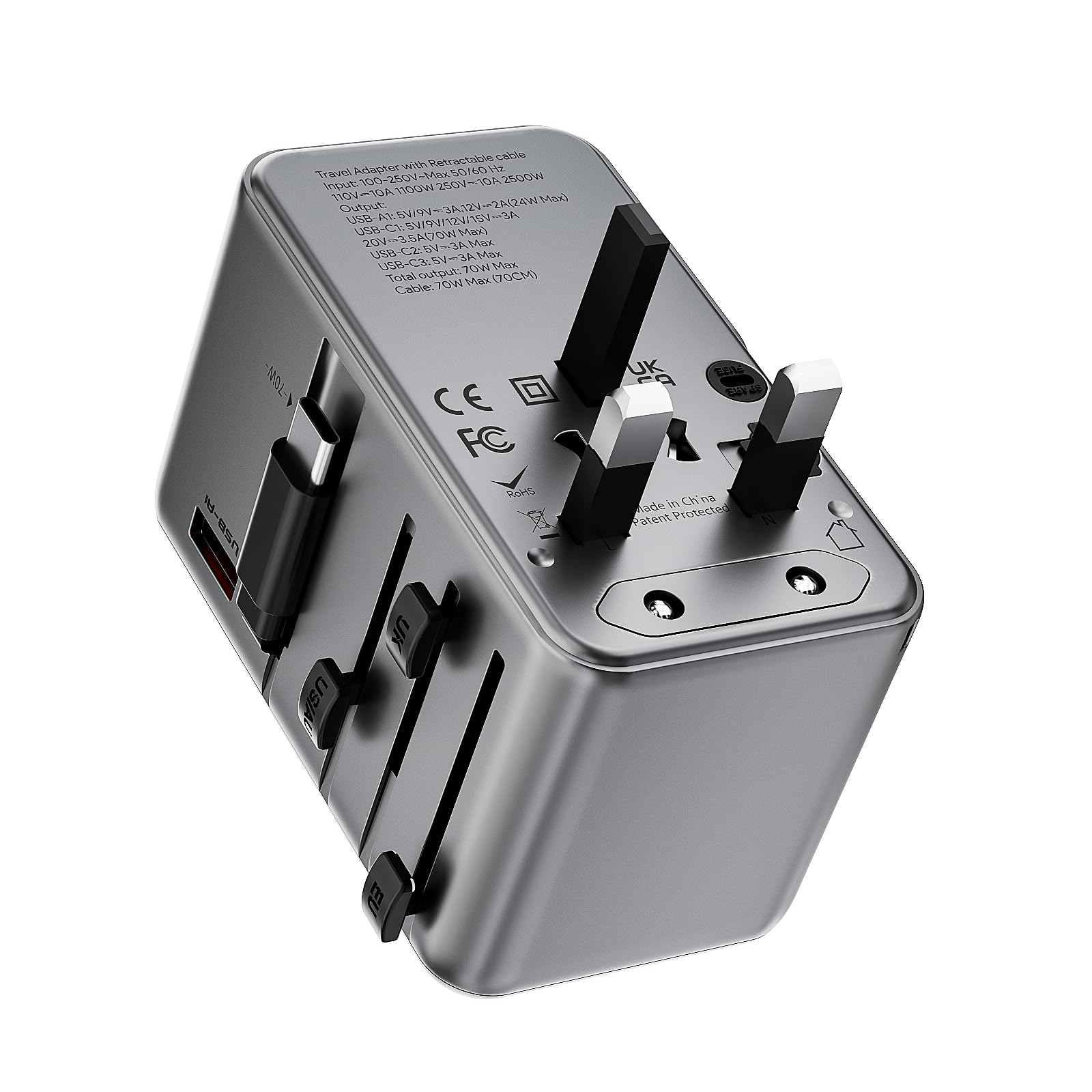 Minthouz Adaptador de viaje en todo el mundo, GaN PD 70 W, universal, enchufe de viaje con 4 USB C y 1 USB A, adaptador internacional de enchufe con cable extensible, adaptador universal para Reino