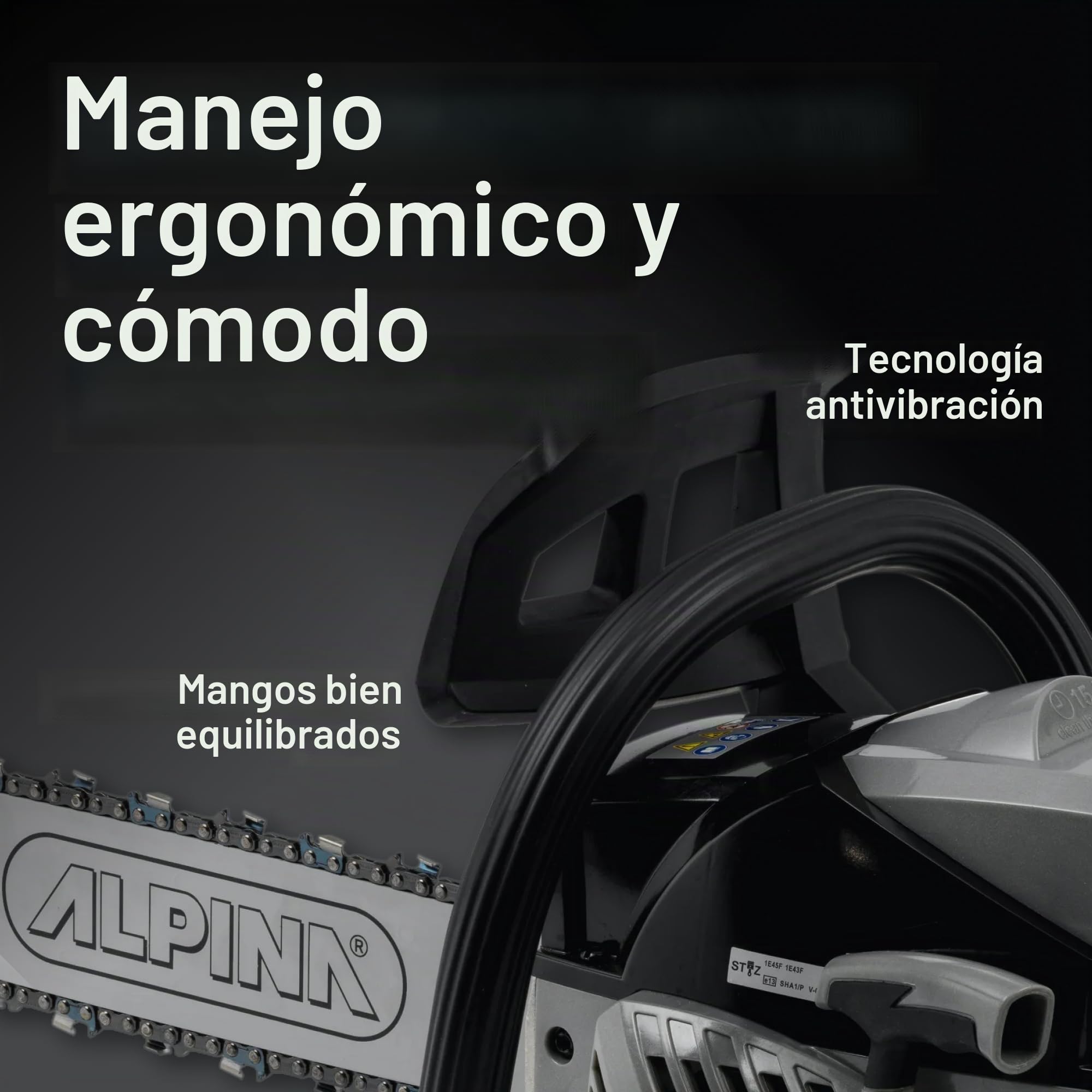 Alpina Motosierra de gasolina ACS 46 (18)’’, Para uso doméstico de corte de leña, Barra de corte 45 cm (148’), Motor de gasolina 45 cc, 1800 W, Velocidad de cadena 21 m/s, Bomba de aceite ajustable