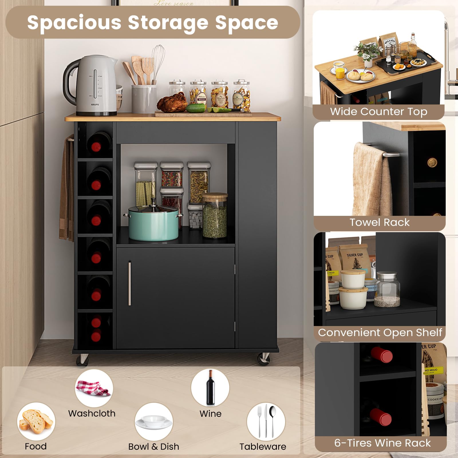 KOMFOTTEU Carrello da Cucina in Legno, Carrello di Servizio con 3 Organizzatori, Impugnatura e 6 Scomparti per vino, Isola da Cucina su Ruote con Piano in Bambù, per Sala da Pranzo, Bar (Nero)
