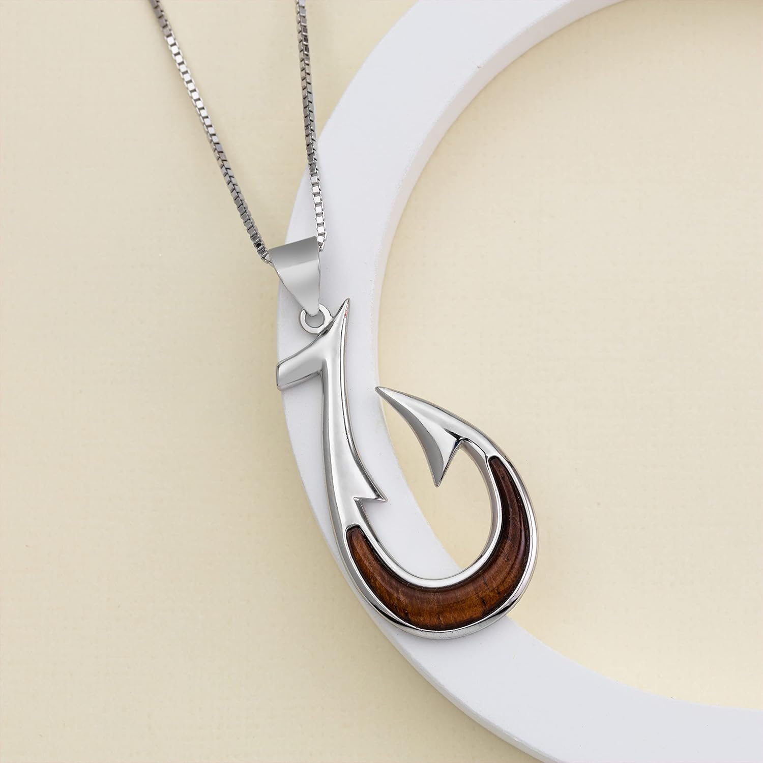 925 Sterling Silver Hawaiian Koa Wood Fish Hook Necklace Pendant with 18" Box Chain, Nickle Free Hypoallergenic for Sensitive Skin