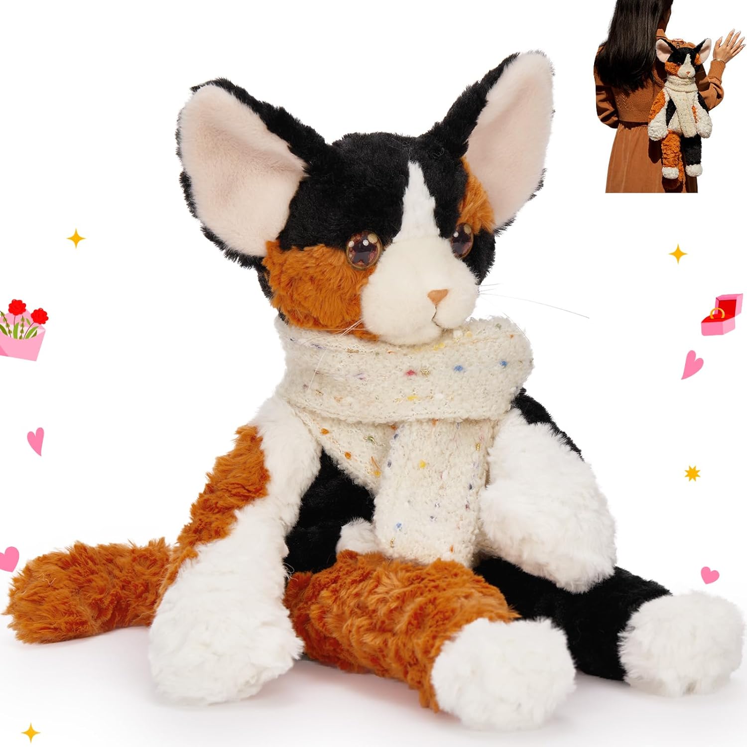MorisMos Calico Cat Stuffed Animal Plush, 20" Realistic Devon Cat Toy Convertible to Sling Shoulder Crossbody Backpack, Soft Huggable Plush Kitty Toy, Kawaii Kitty Bag Gift for Kids Girls Women