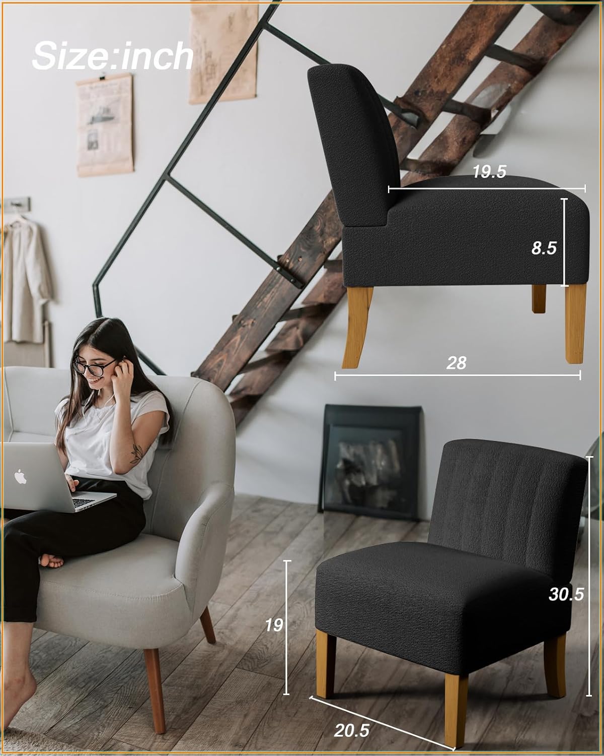 Armless Accent Chairs Set of 2 for Living Room, Modern Slipper Chair Living Room Chairs with Solid Wood Legs, Makeup Vanity Chair Fabric Comfy Upholstered Arm Chair Accent Chair,Black