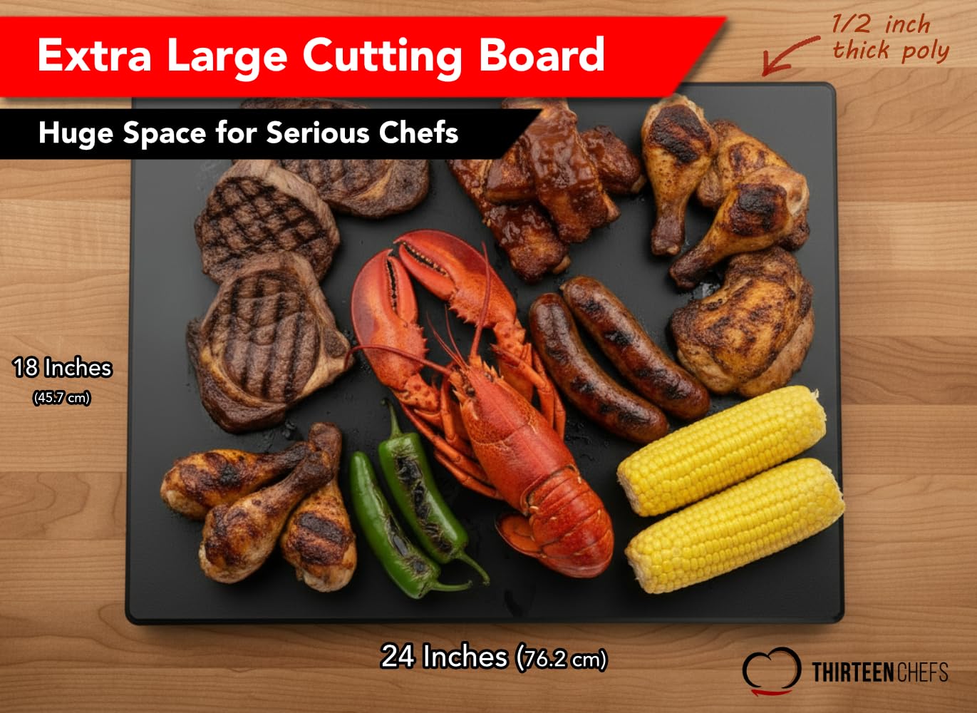 Thirteen Chefs Schneidebrett - Kunststoff-Küchenbrett in Schwarz, 24 x 18 x 0.5 inch – 61 x 46 x 1 cm Groß - Spülmaschinenfest und Hygienisch – Küchenutensilien