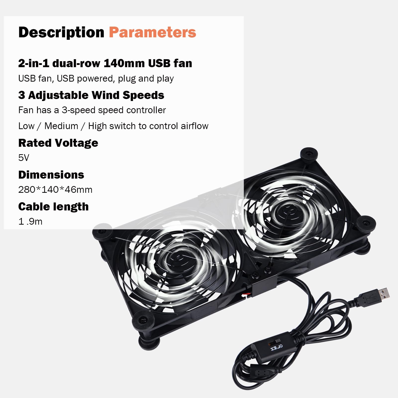 Ventola di raffreddamento silenziosa per router, 140 mm, con regolatore di velocità L/M/H a 3 gradi, DC 5 V, alimentazione USB, ventola di raffreddamento per router, modem, ricevitore, DVR