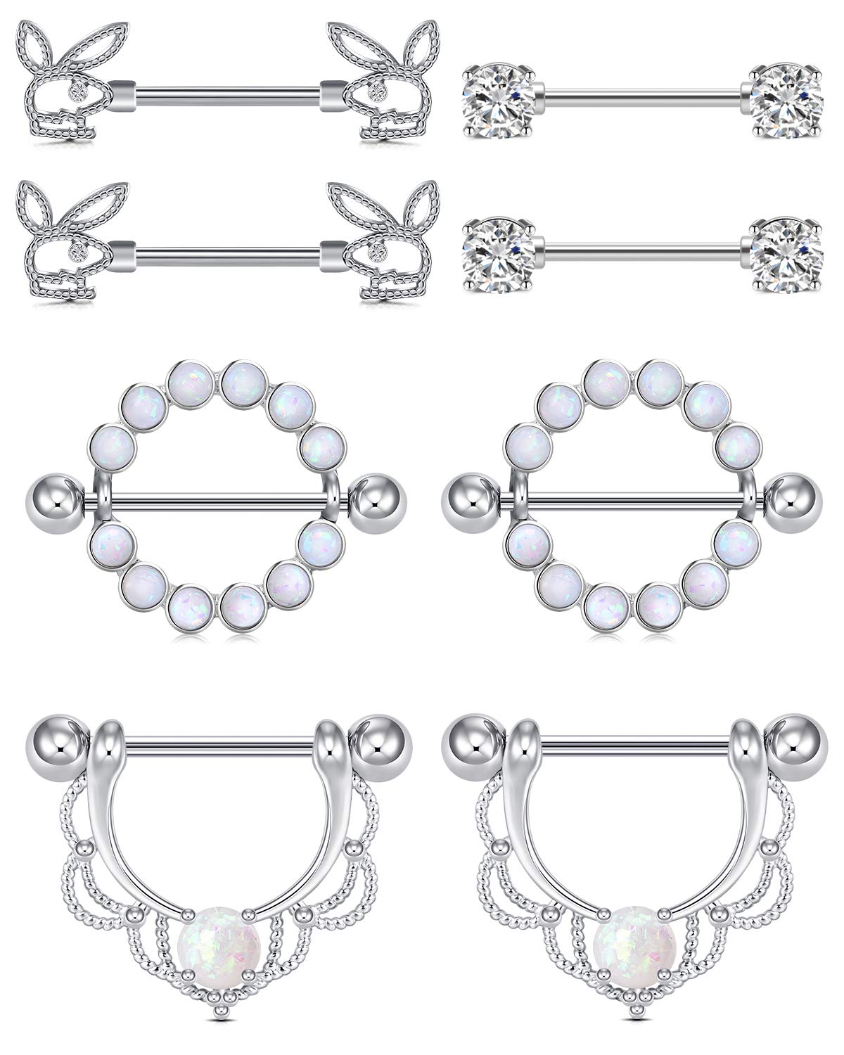 Crdifu Silver Nipple Bars Nipple Shield Rings Set 14G Stainless Steel 16mm Nipple Piercing Jewellery CZ Opal Crystal