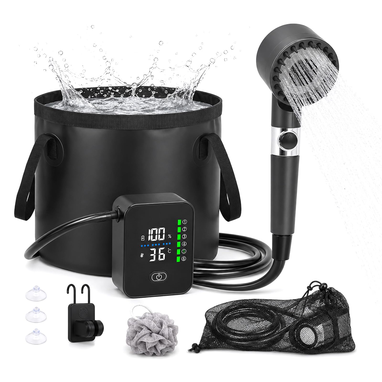Doccia Da Campeggio, Con Secchio Pieghevole 20L, 8000 Mah Doccia Ricaricabile Portatile, Impermeabile Ipx7, Con Display Digitale Intelligente Per Spiaggia Giardino Lavaggio Auto (No riscaldatore)