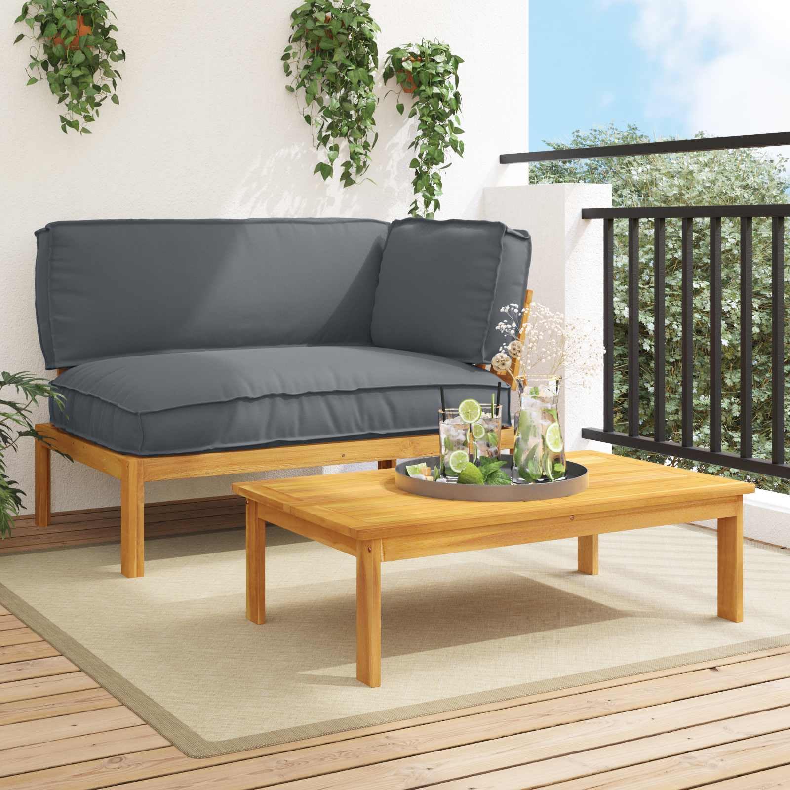 Sofa Set Anthrazit mit Kissen aus massivem Akazienholz 2-teiliges Moebelset für Garten und Terrasse mit Tisch und Outdoor-Sitzgruppe, modular, wetterfest, modernes Design