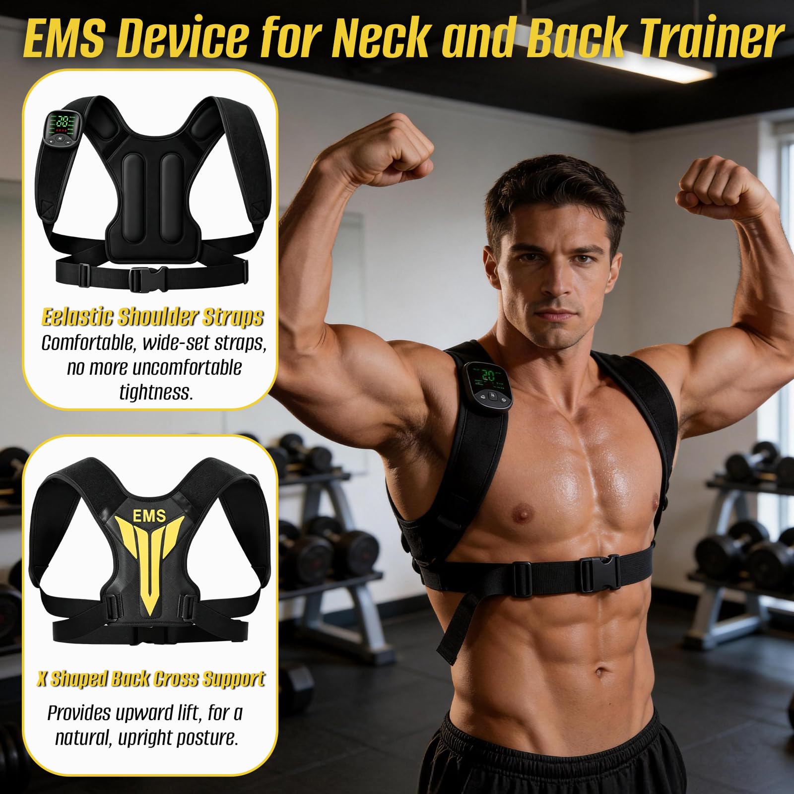 Électrostimulateur Musculaire pour Cou et Dos, EMS Masseur Dos et Cervicales avec Télécommande, 30 Niveaux & 10 Modes, Sangle Electrostimulation pour Cou Dos, Entraîneur Cou EMS pour Hommes et Femmes