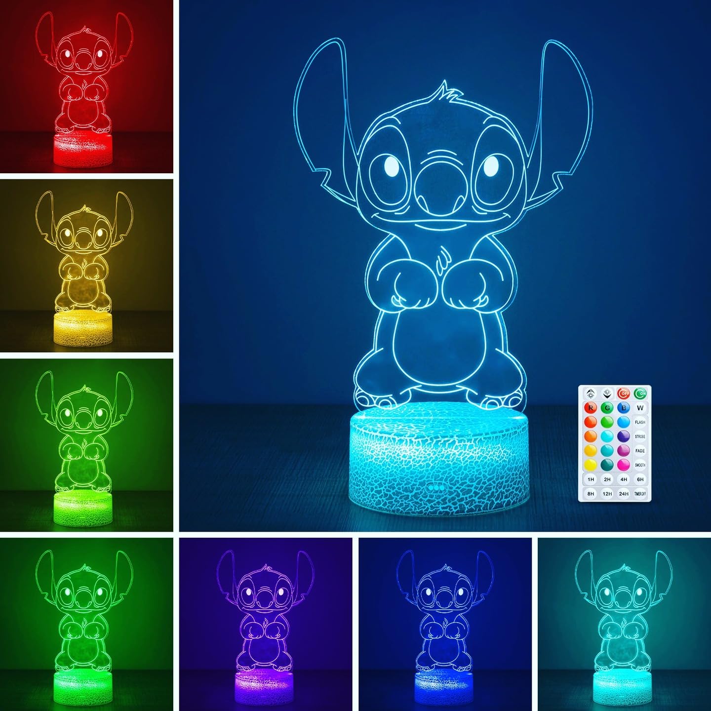Stitch Nachtlicht Kinder mit Timer:16 Farben 3D LED Illusion Lampe mit Memory-Funktion, Fernbedienung & Touch, Stich Stuff Merch Geschenk für Mädchen Jungen Deko Kinderzimmer Geburtstag Weihnachten