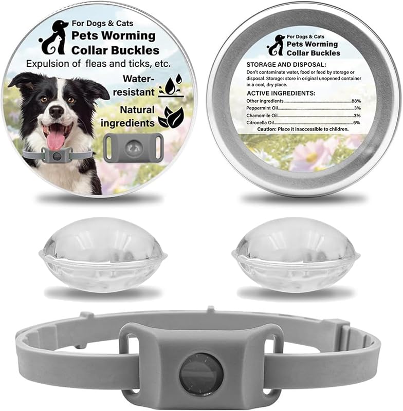 Aquality Pets Collier Antiparasitaire, Collier Anti Puces pour Chien, Réglable Naturel Pendentif Répulsif aux Huiles Essentielles avec 2 Capsules Remplaçables (Gris)