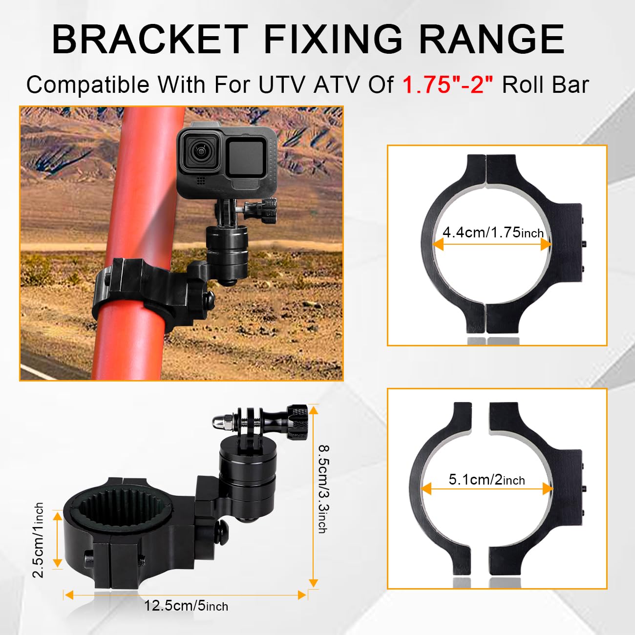 BESTAOO UTV ATV Camera Mount Aluminum 360° Rotaion Action Camera Roll Bar Mount Compatible With GoPro For 1.75"-2" Roll Bar And Tube, For Hero 9 8 7 6