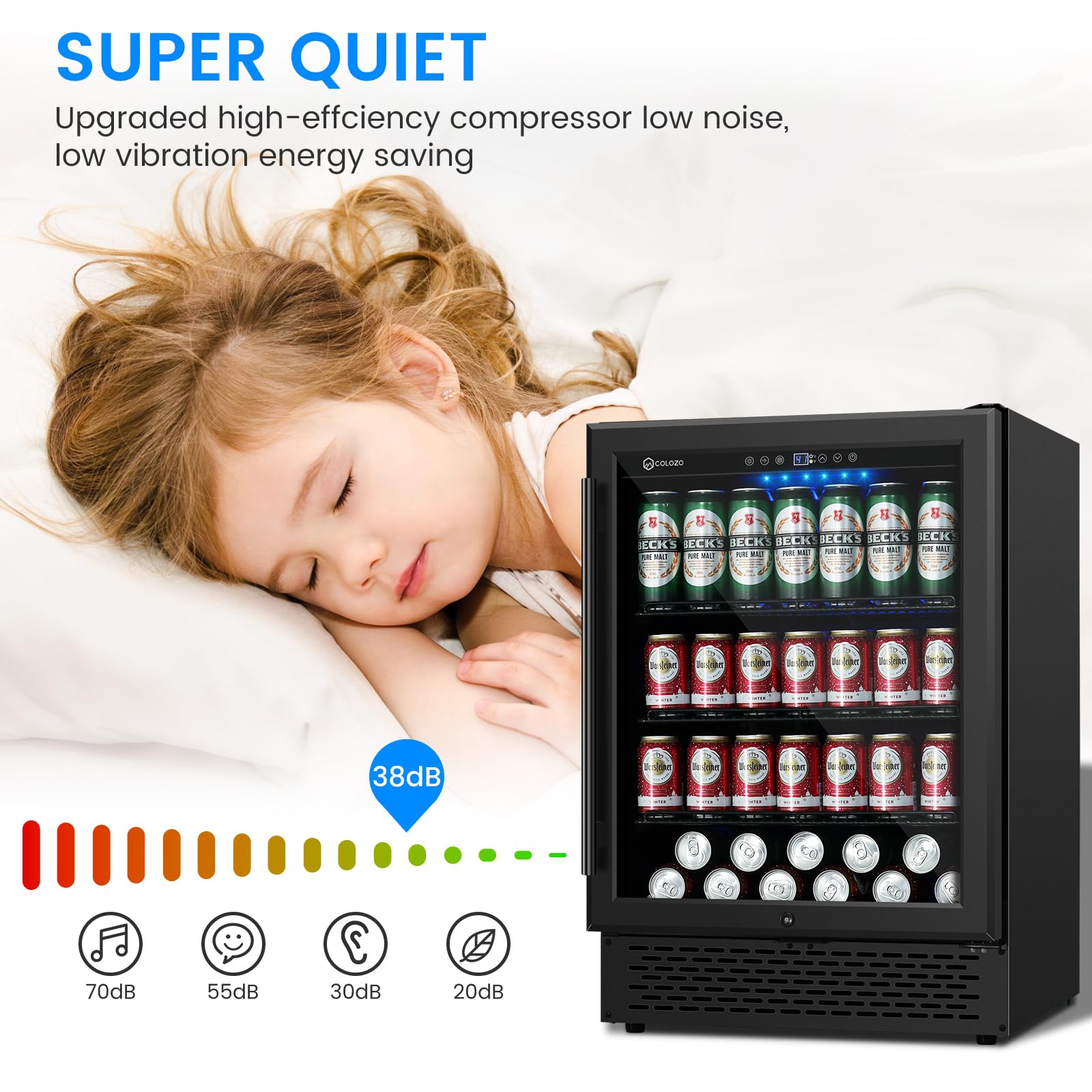 Colzer 24 Inch Black Beverage Refrigerator Under Counter,190 Cans Beverage Fridge With Glass Door&Lock, Built-In/Freestanding Beverage Cooler For Home Bedroom Bar Or Office, Low Noise Compressor on Fridge.com - View 4