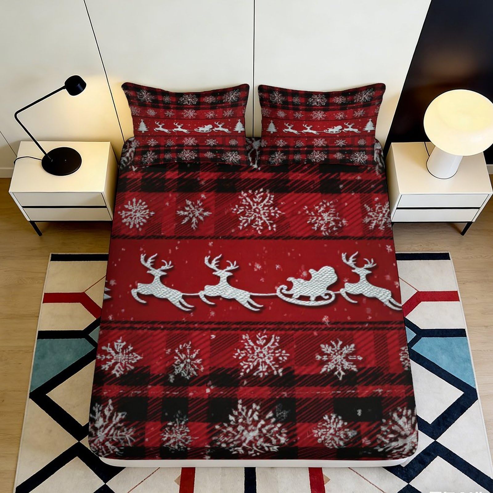 3D Printed Christmas Reindeer Fitted Sheet Microfiber Soft Breathable Snowflake Bed Cover for Bedroom Dormitory Guest Room Mattress Protection Decor 180x200x25cm