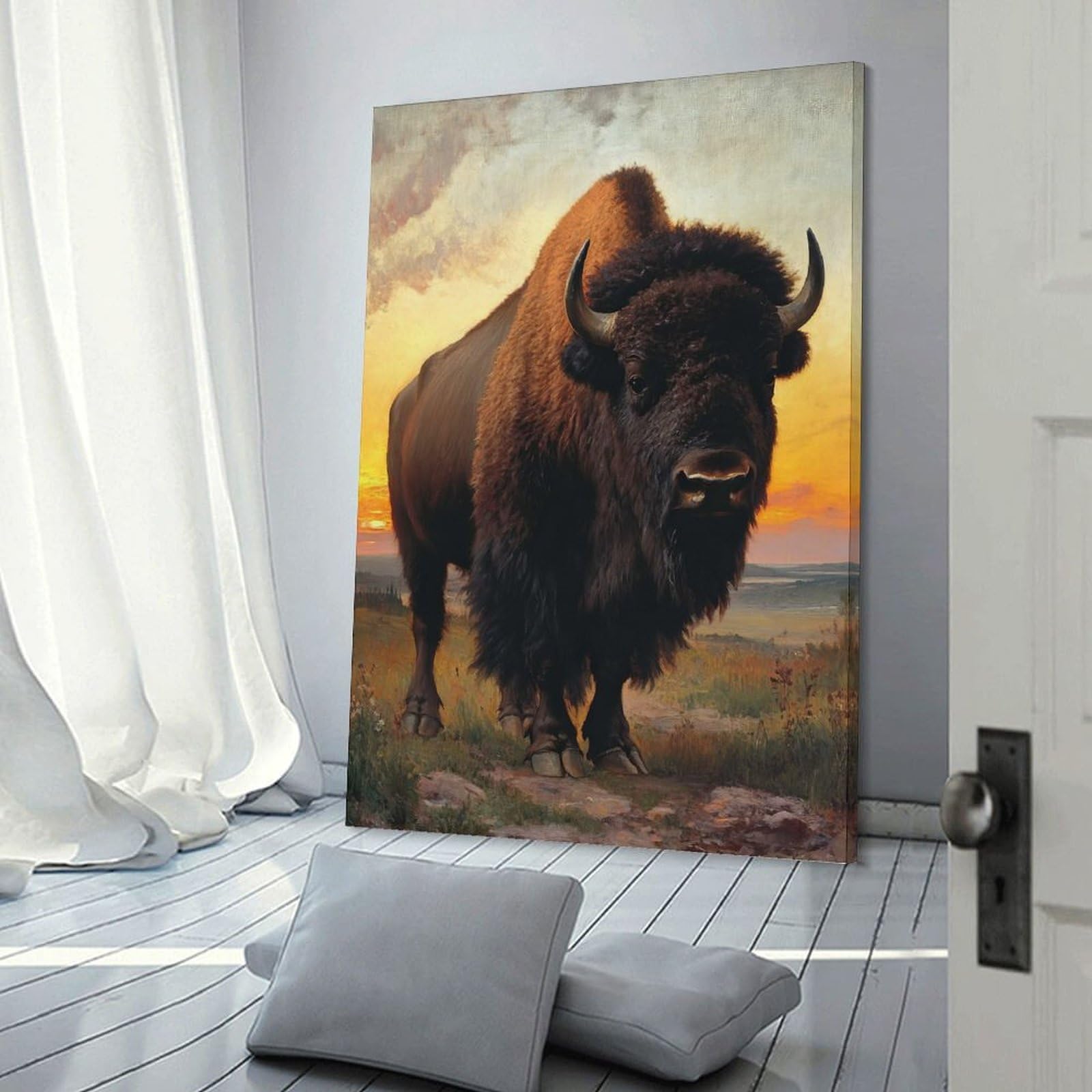 Junmoney Frame-Style-19 Bison At Sunset Hanging Wall Art, 24X36inch(60X90cm), For Entrance Walls, Hall Decor Or Foyers, Wall Decor To Refresh Empty Corners