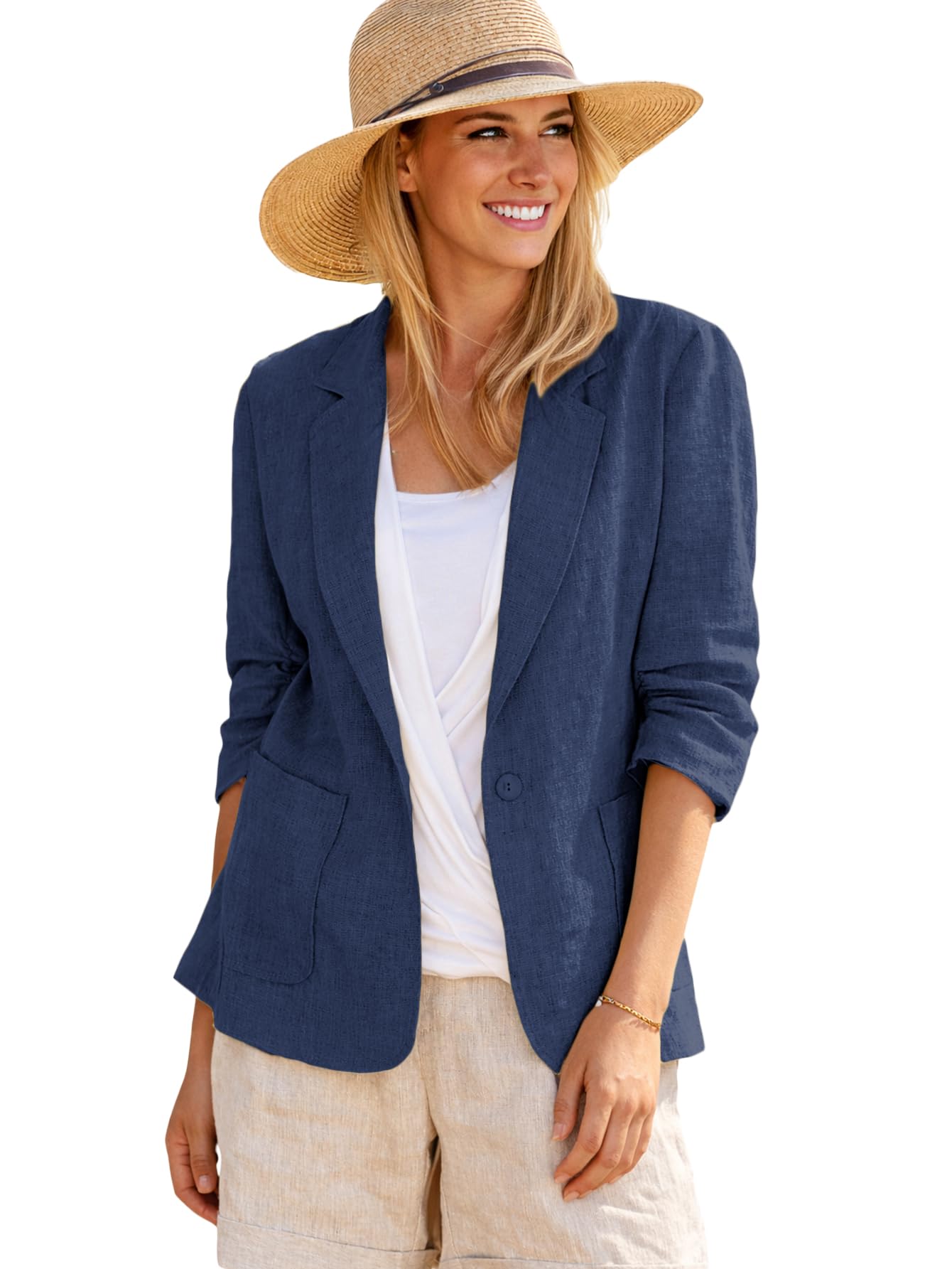 mina self 2026 Summer Women’s Linen Blazer Jacket - Lightweight Breathable 3/4 Stretchy Ruched Sleeve Casual Work with Pocket-picture-39