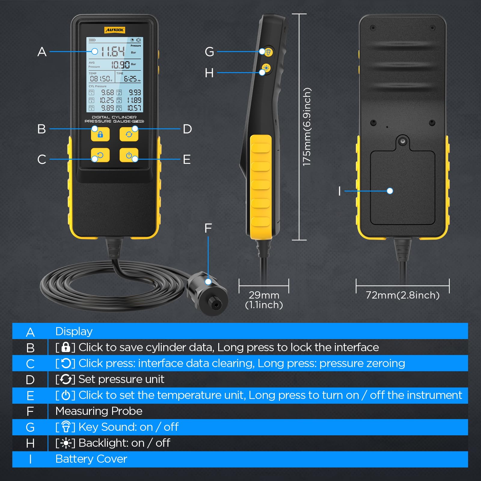 AUTOOL PT610 Compressiometre Essence, Moteur Testeur de Compression 0-426PSI 0~29bar, Compatible avec Toutes les Voitures camions et Motos, Cylindre Fuite Testeur, Coffret de Compressiomètre Kit