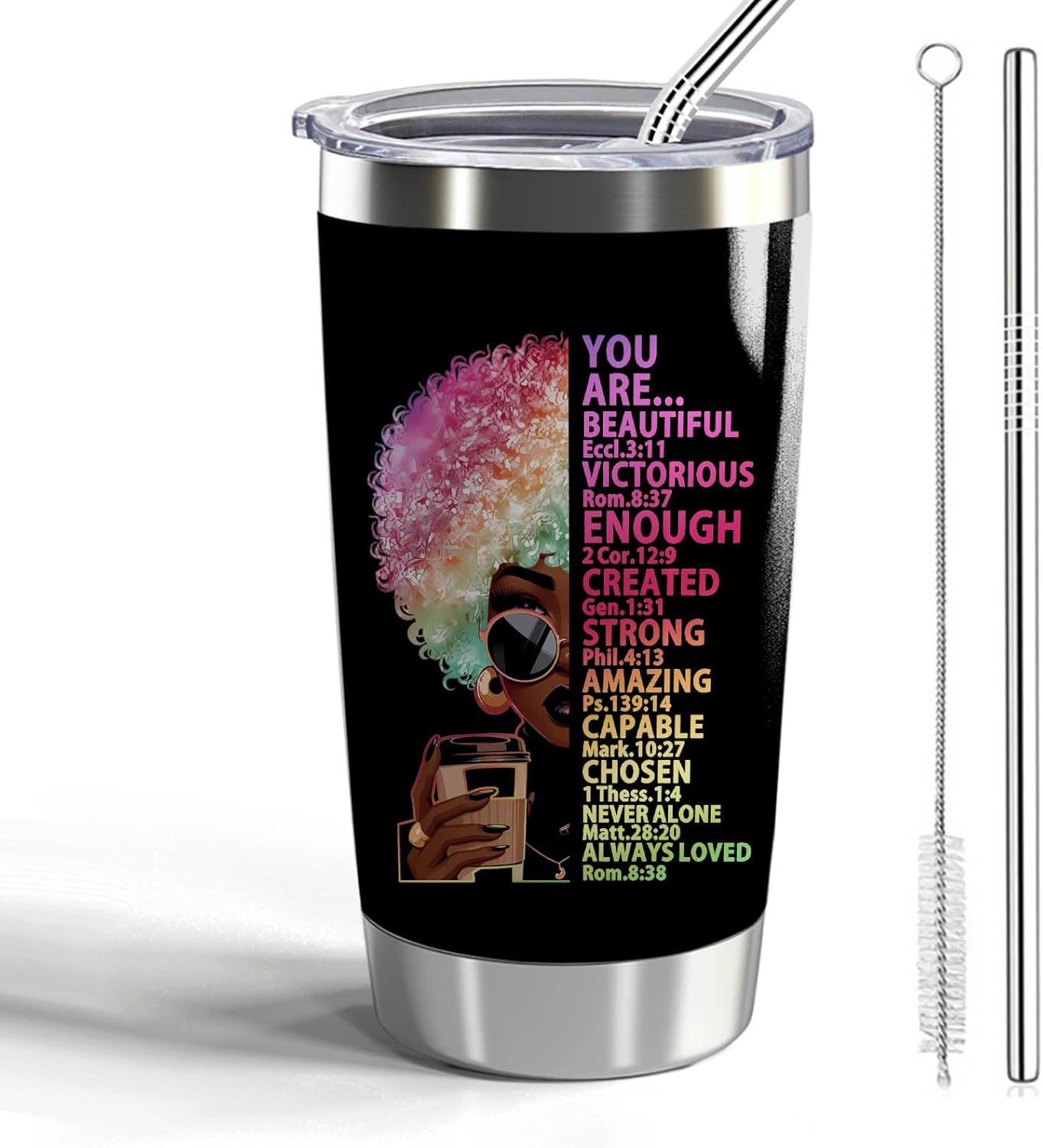 Christian Gifts You are Beautiful 20oz Stainless Steel Tumbler with Lid and Straw Religious Baptism Gifts Christian Inspirational Travel Mug (Beautiful-Girl&Coffee)