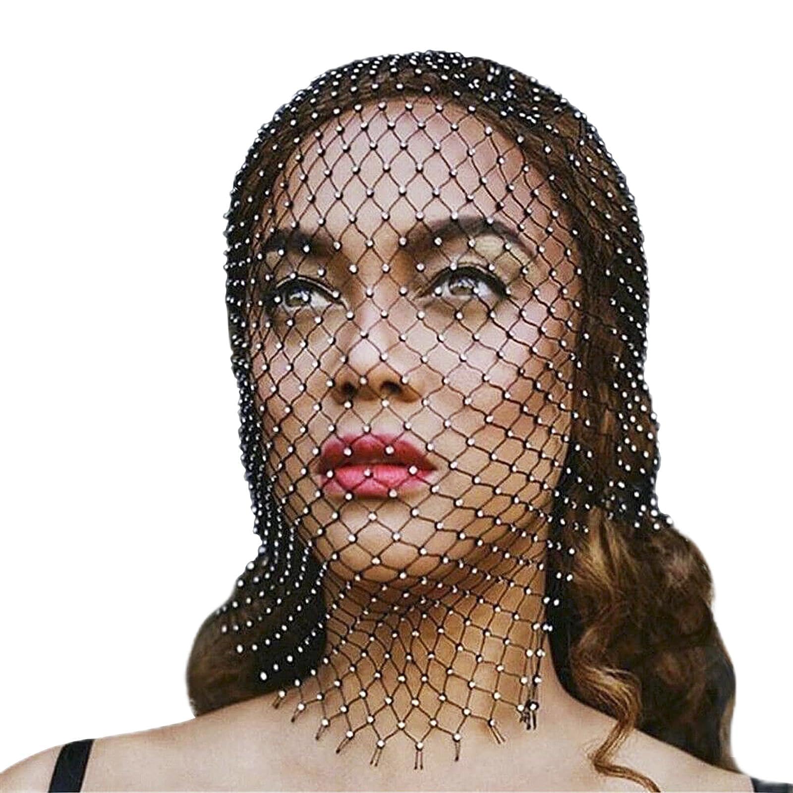 RUIXIA Cagoule Elastique en Maille avec Strass pour Femme pour Soirée Bonnet Maille Coiffe Maille pour Soirée Bal Accessoires Mode de Cheveux pour Femme pour Halloween Festival Carnaval