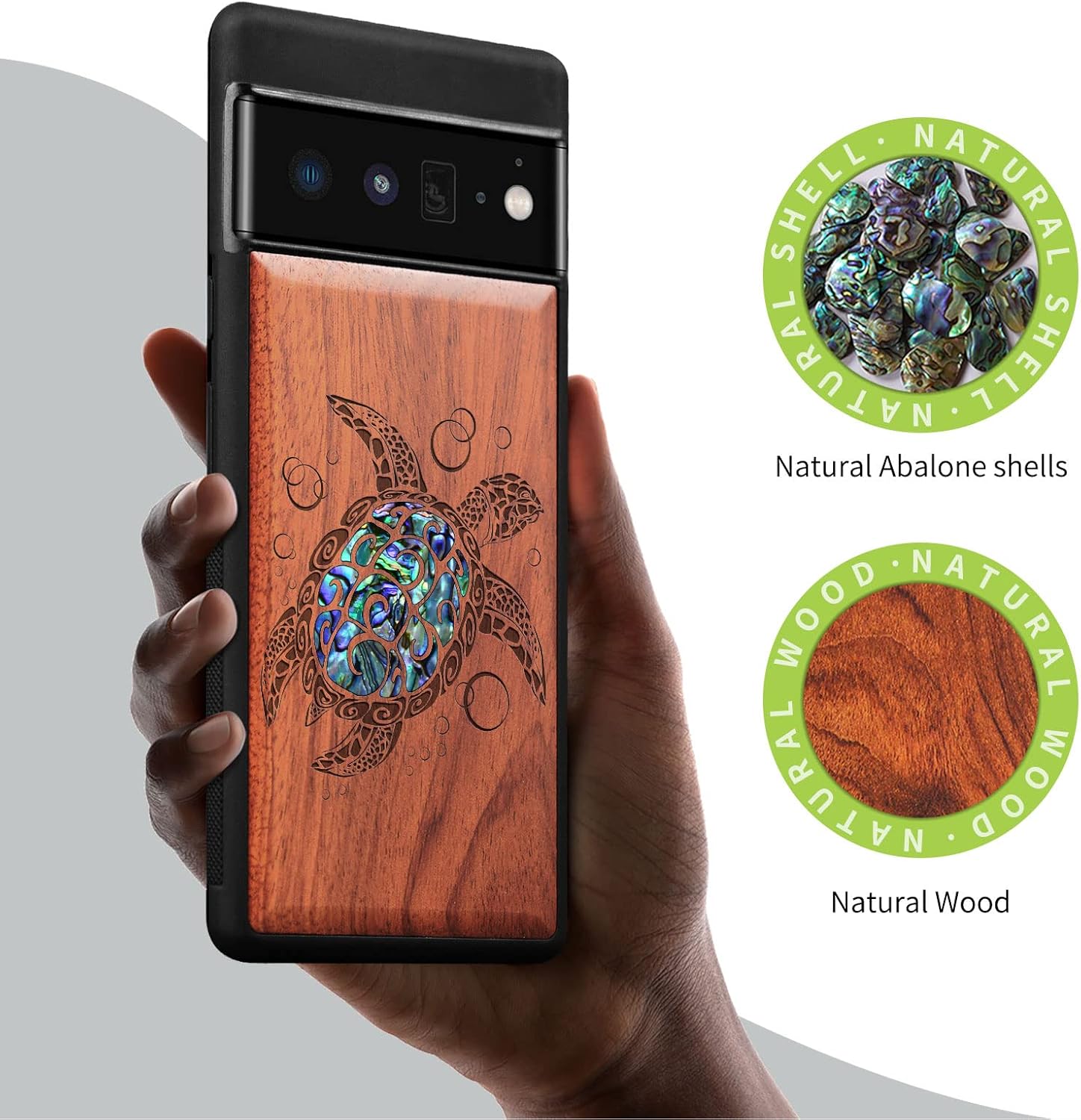 Carveit Designer Wooden Case for Google Pixel 6 Pro Case Cover [Wood Engraving & Shell Inlay] Unique Wood Phone Case Compatible with Wireless Chargers Pixel 6 Pro (Sea Turtle-Rosy)