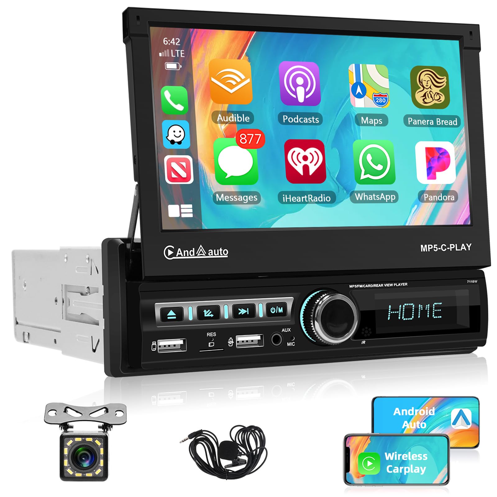 Radio Coche 1Din con Carplay inalámbrico Android Auto Pantalla Extensible Manual de 7'' Pantalla táctil Radio de Coche 1din con Bluetooth/FM/RDS Radio/SWC/EQ/2 USB/Mirror Link + Cámara Trasera